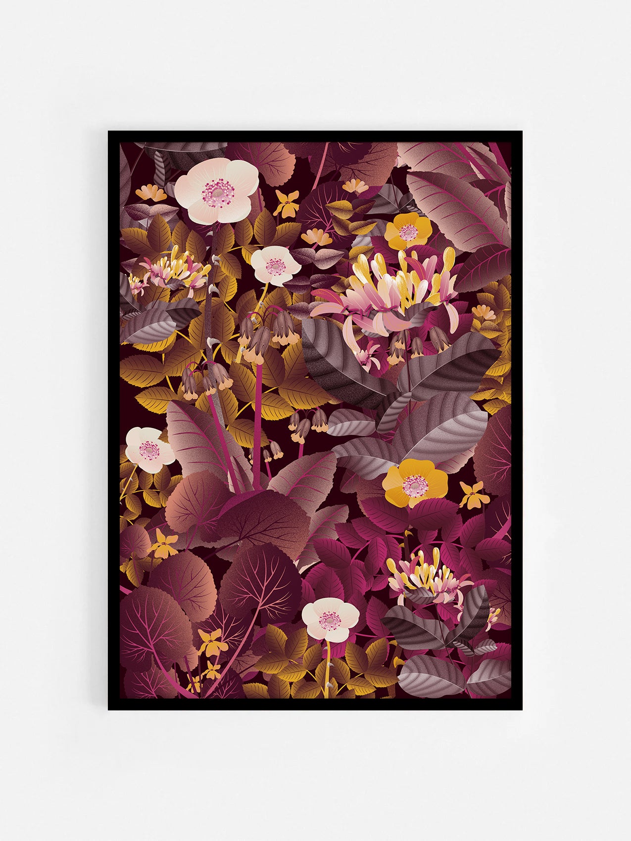 Floral art print 'Flower Fields' with aubergine, rose, and orange hues, inspired by Shakespeare's enchanted forest - Black Frame.