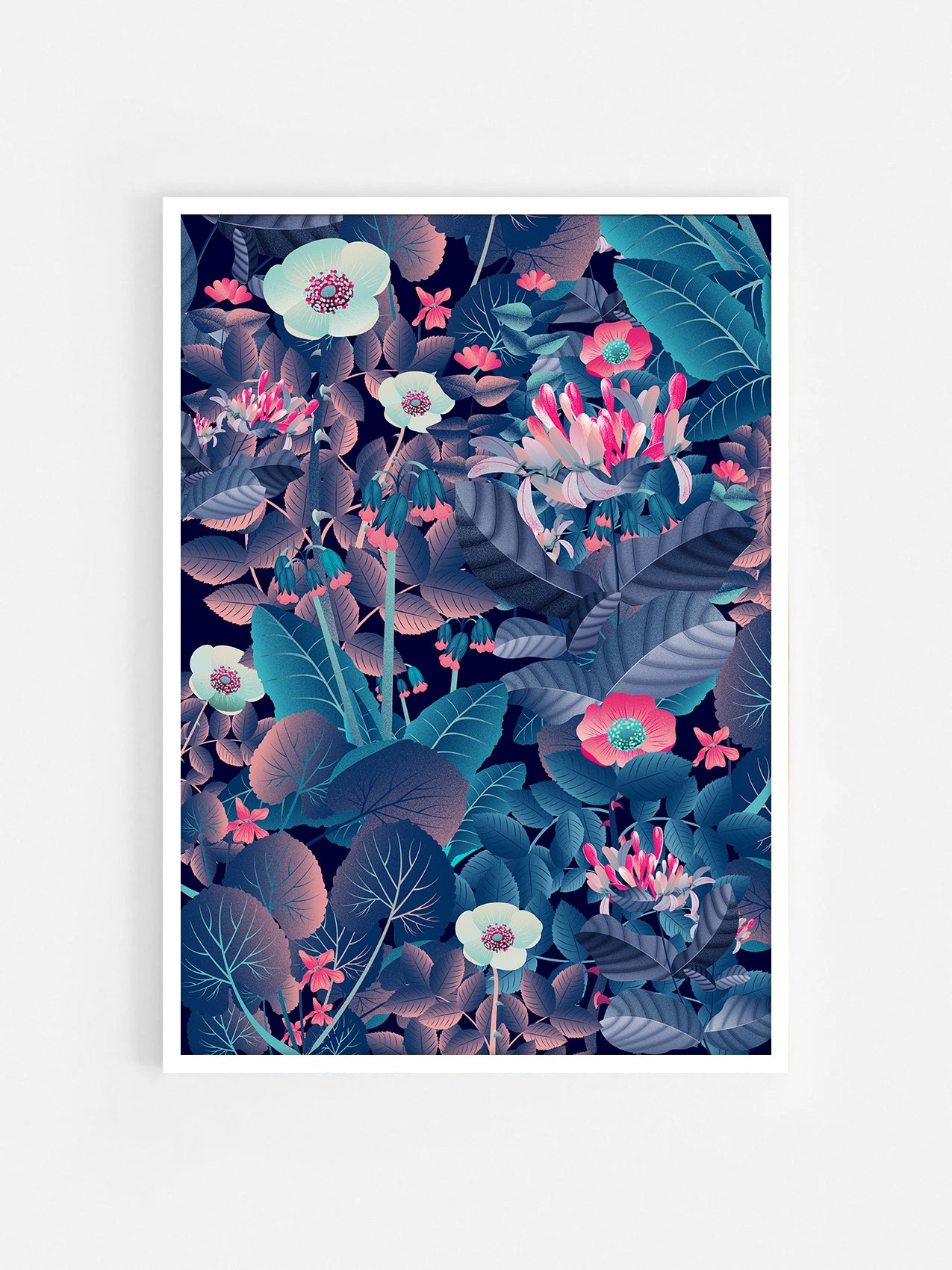 Floral art print 'Flower Fields' with ruby red, turquoise, and vibrant blue hues, inspired by Shakespeare's enchanted forest - White Frame.