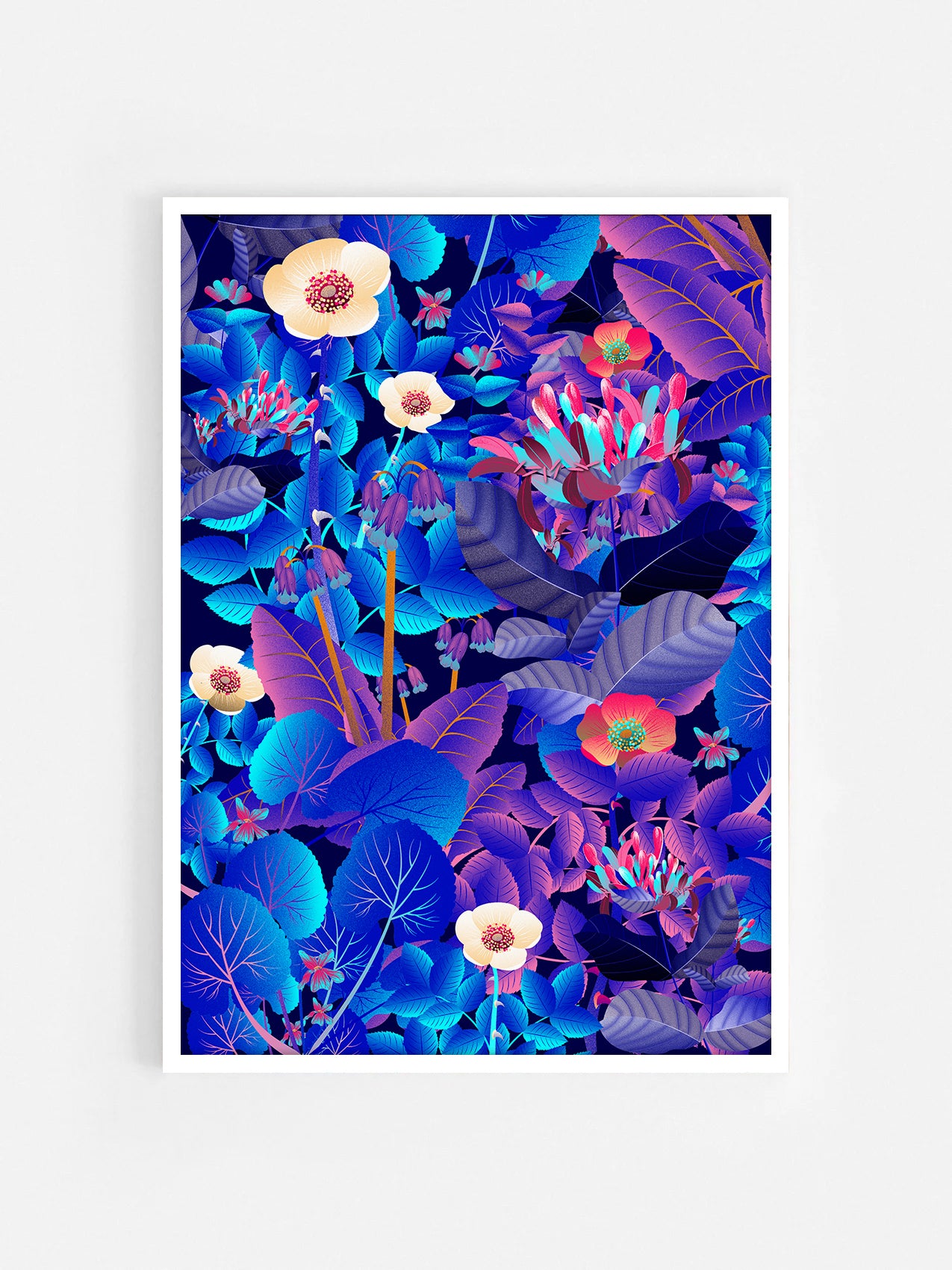 Floral art print 'Flower Fields' with electric blue, day-glow, and buttercup hues, inspired by Shakespeare's enchanted forest - White Frame.