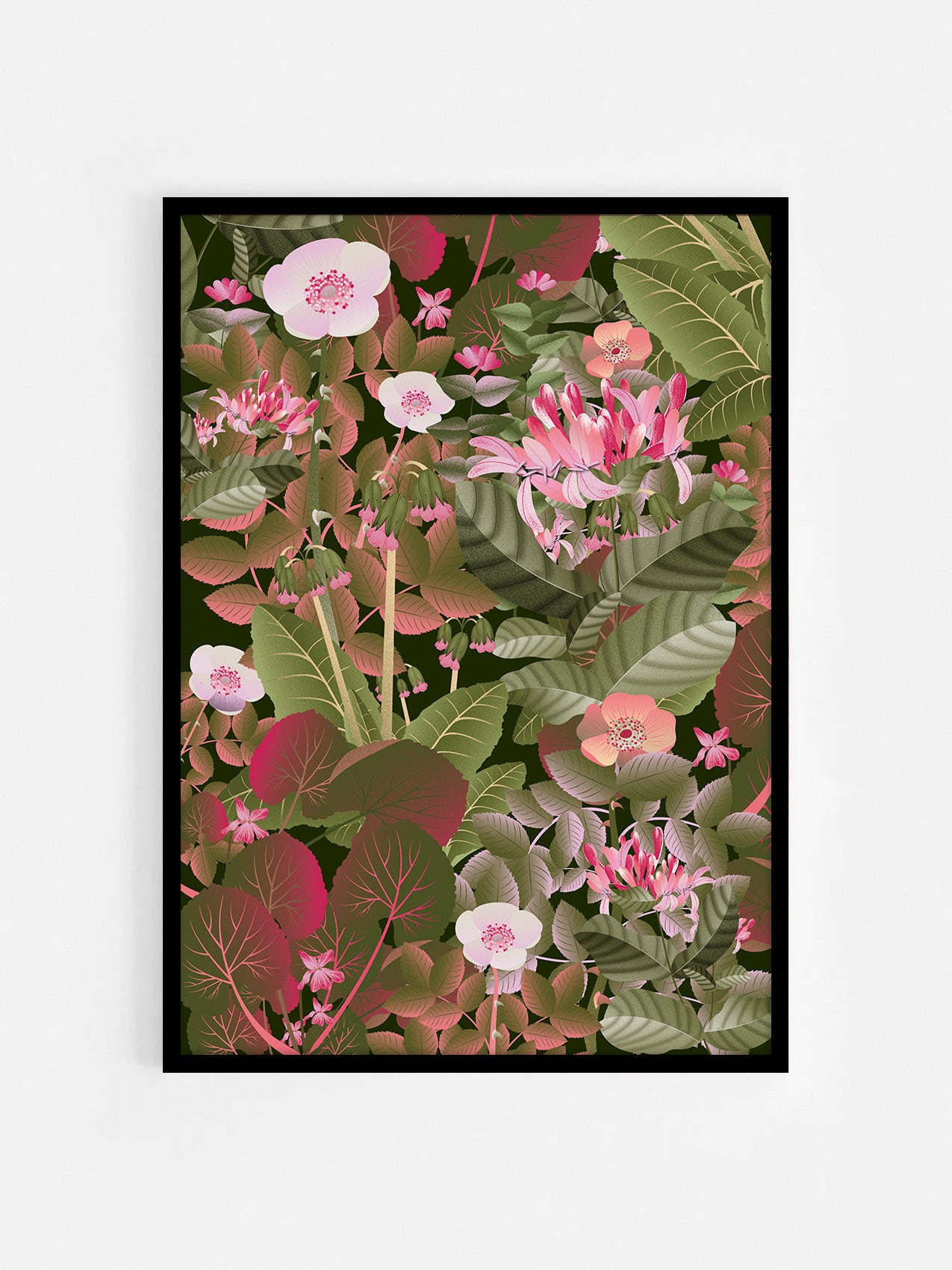 Floral art print 'Flower Fields' with olive, pink, and pomegranate hues, inspired by Shakespeare's enchanted forest - Black Frame.