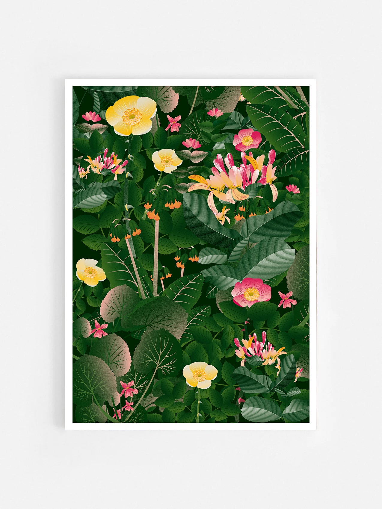 Floral art print 'Flower Fields' with forest green, saffron, and magenta hues, inspired by Shakespeare's enchanted forest - White Frame.