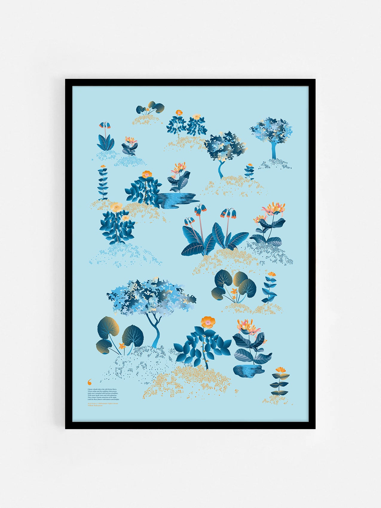 Floral art print 'Midsummer Forest' with blue, orange, and golden hues, inspired by Shakespeare's woodland - Black Frame.