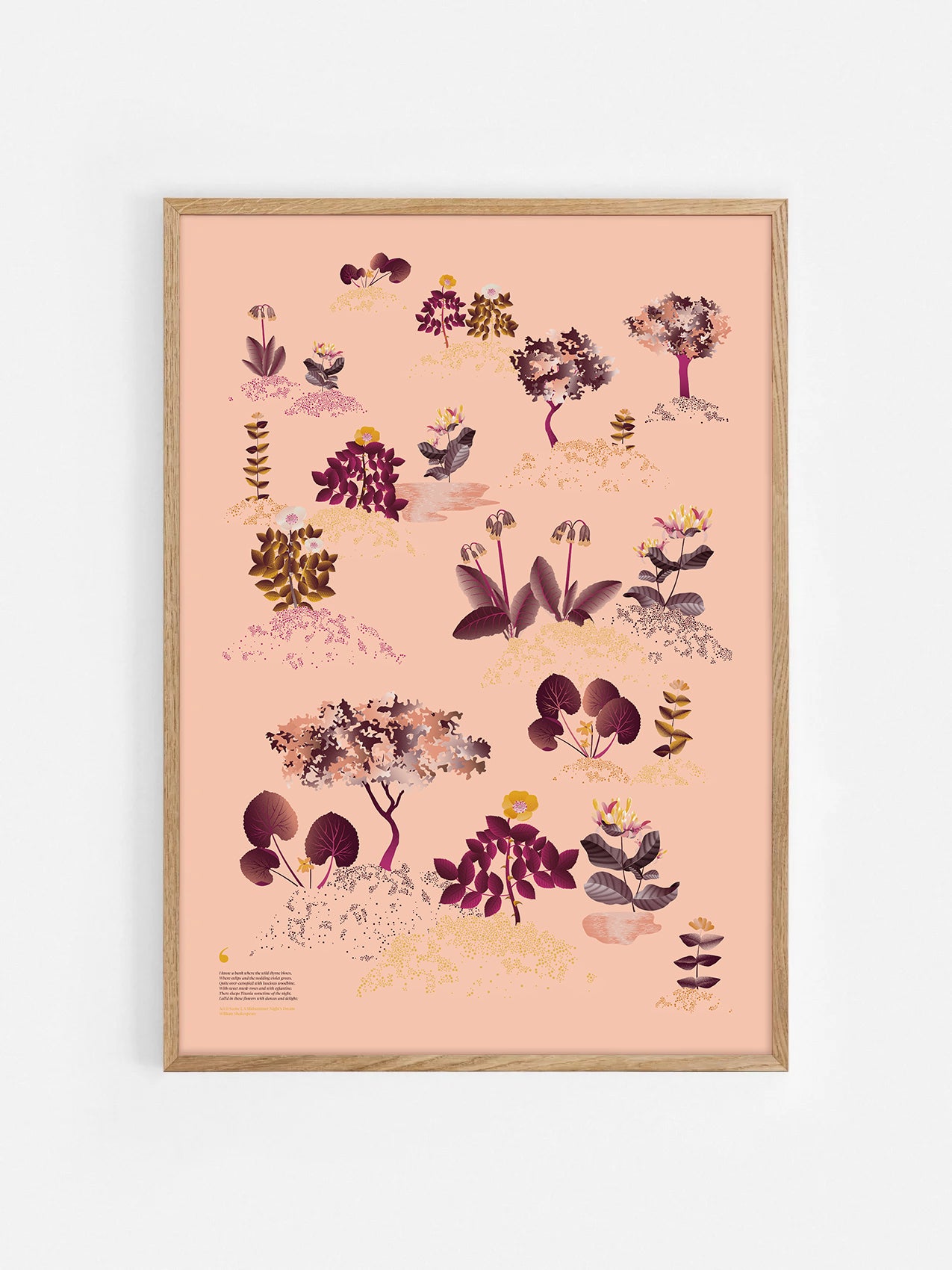 Floral art print 'Midsummer Forest' with aubergine, rose, and orange hues, inspired by Shakespeare's woodland - Oak Frame.