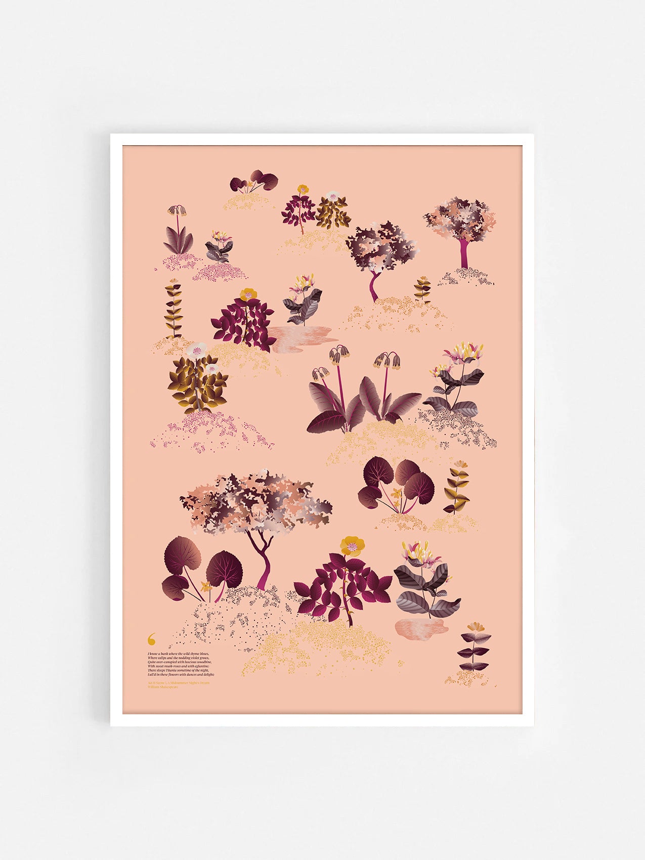 Floral art print 'Midsummer Forest' with aubergine, rose, and orange hues, inspired by Shakespeare's woodland - White Frame.