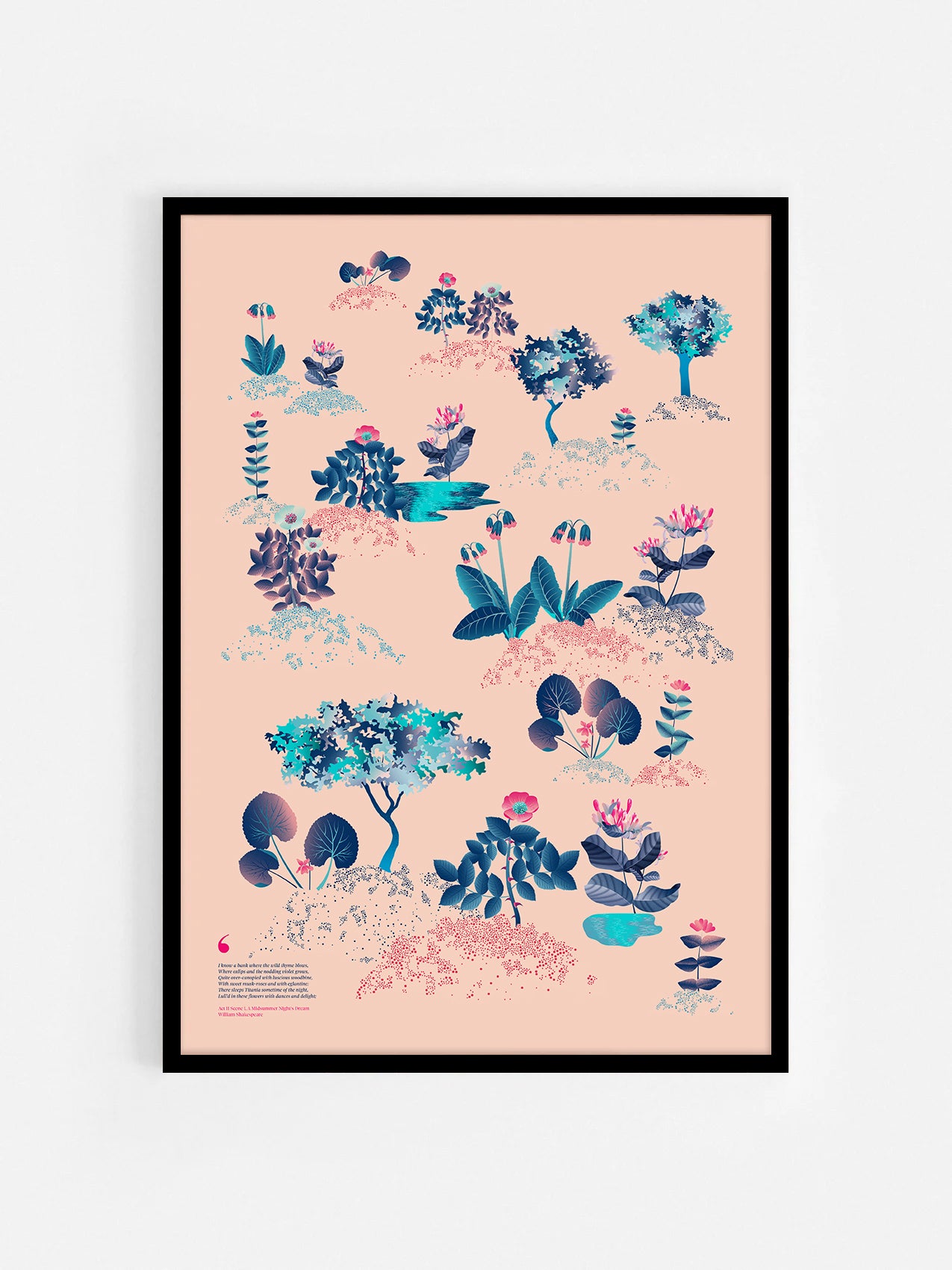 Floral art print 'Midsummer Forest' with ruby red, turquoise, and blue hues, inspired by Shakespeare's woodland - Black Frame.