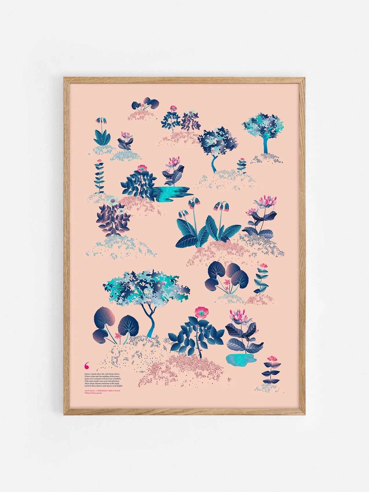Floral art print 'Midsummer Forest' with ruby red, turquoise, and blue hues, inspired by Shakespeare's woodland - Oak Frame.