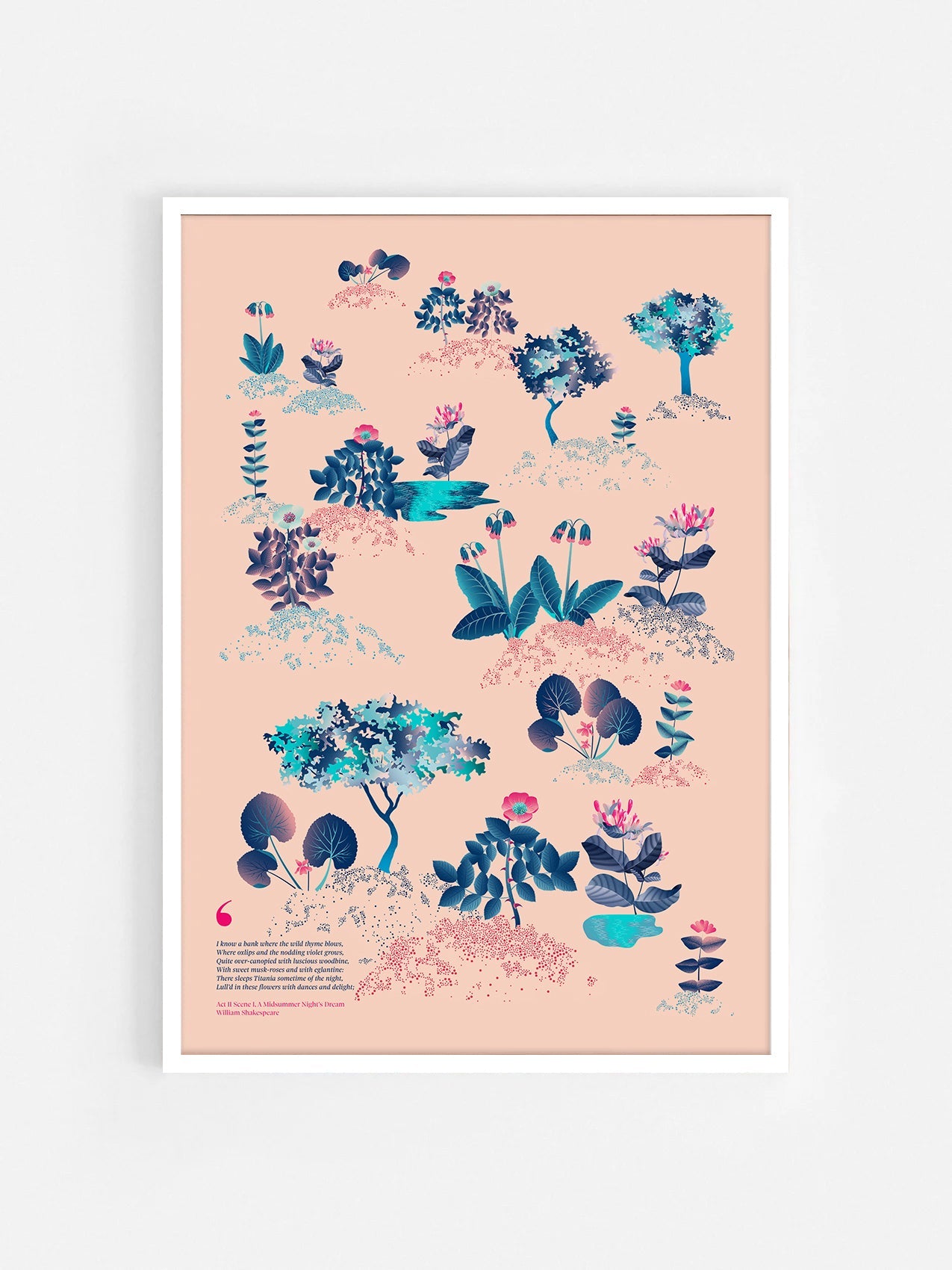 Floral art print 'Midsummer Forest' with ruby red, turquoise, and blue hues, inspired by Shakespeare's woodland - White Frame.