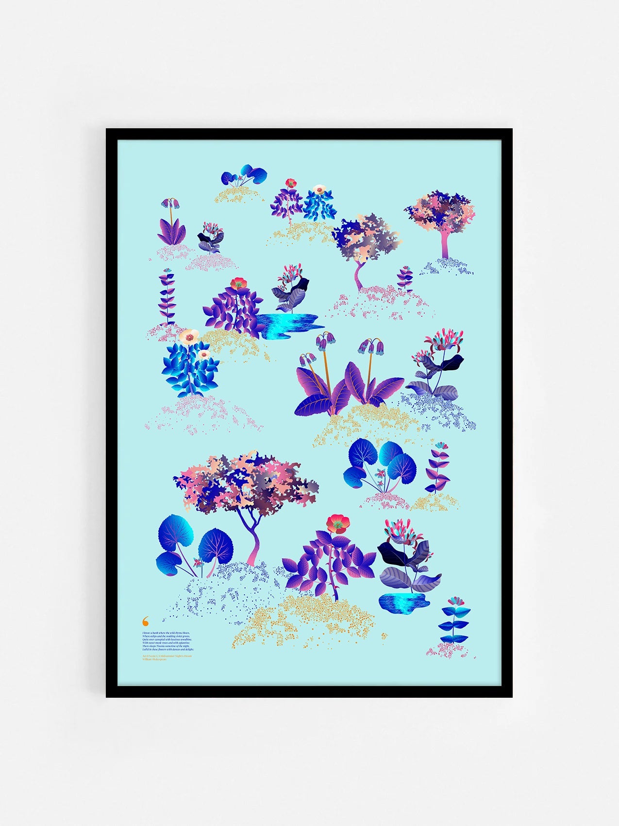 Floral art print 'Midsummer Forest' with electric blue, day-glow, and buttercup hues, inspired by Shakespeare's woodland - Black Frame.