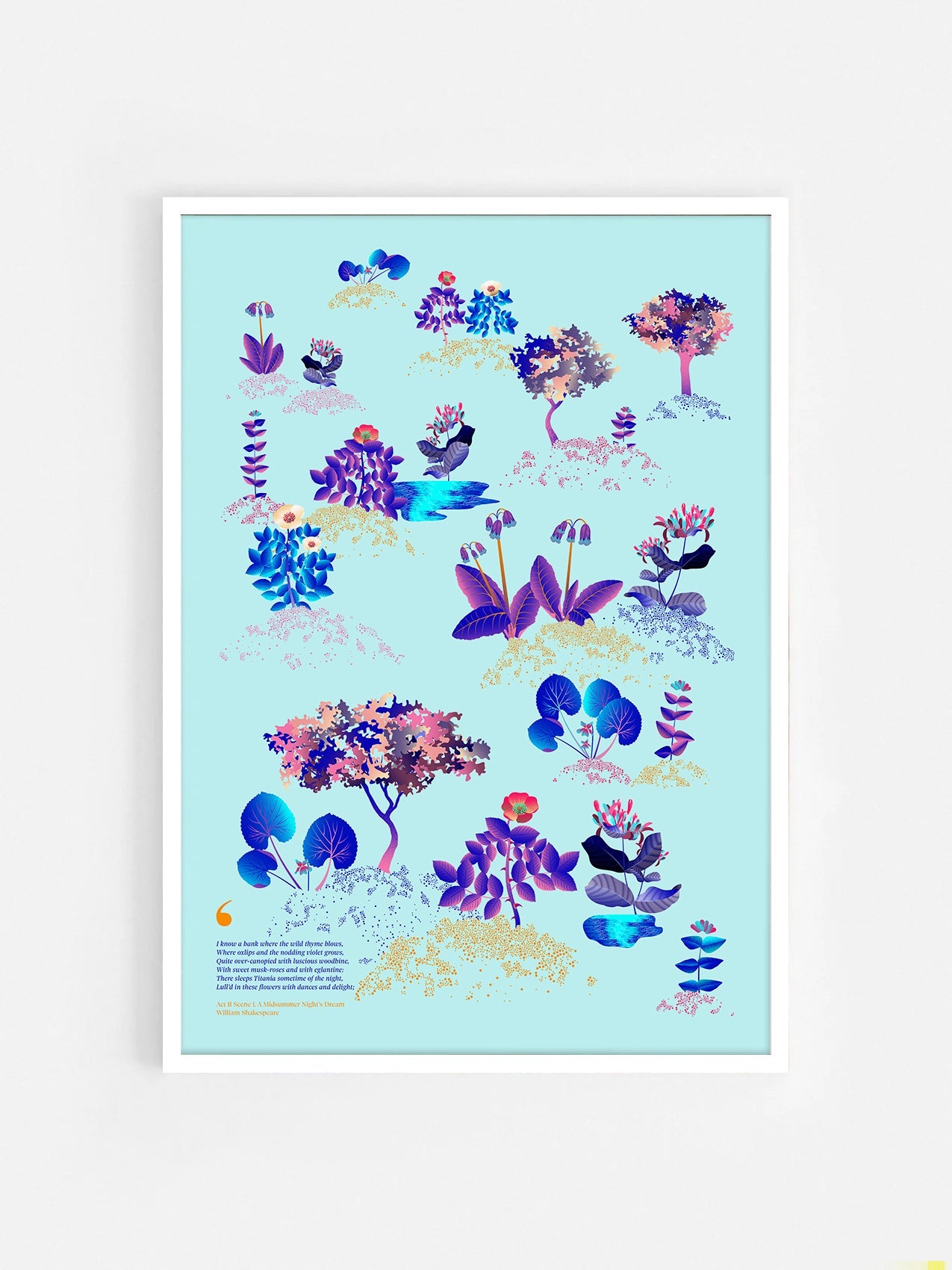 Floral art print 'Midsummer Forest' with electric blue, day-glow, and buttercup hues, inspired by Shakespeare's woodland - White Frame.