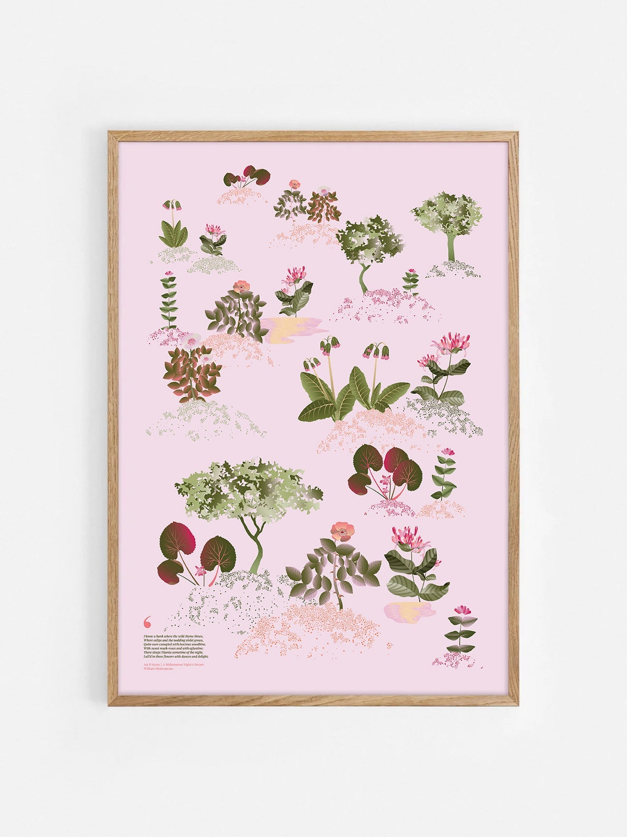 Floral art print 'Midsummer Forest' with olive, pink, and pomegranate hues, inspired by Shakespeare's woodland - Oak Frame.