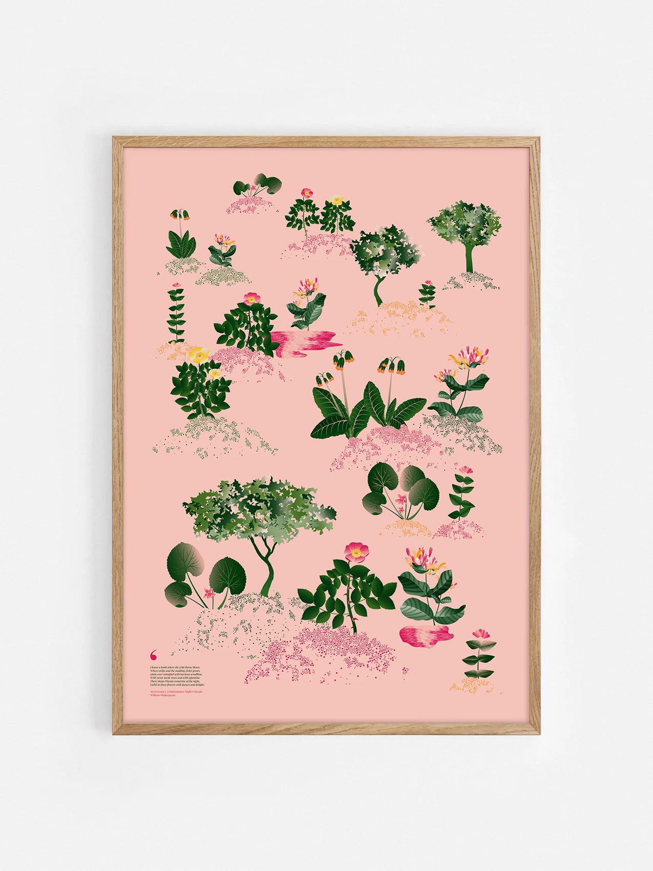 Floral art print 'Midsummer Forest' with forest green, saffron, and magenta hues, inspired by Shakespeare's woodland - Oak Frame.