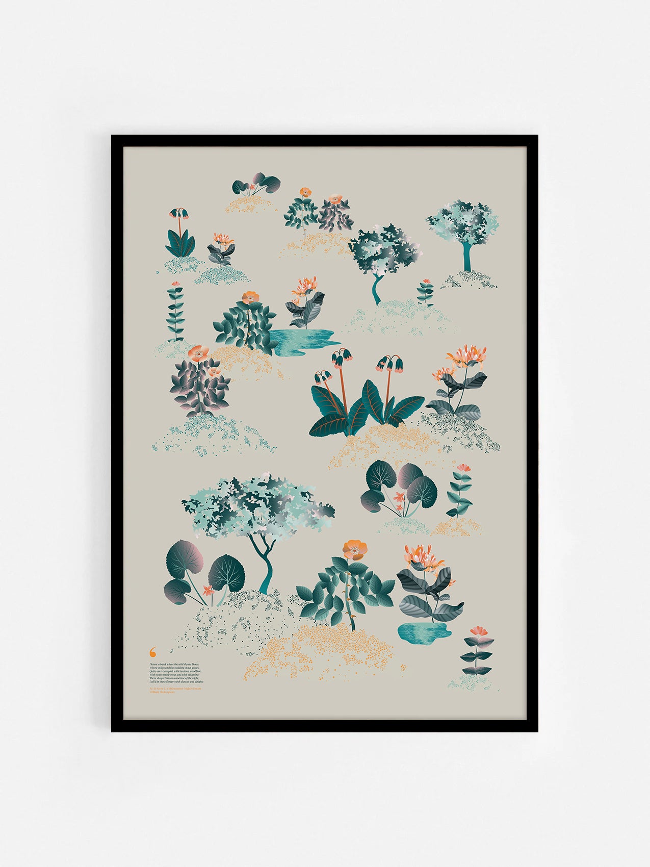 Floral art print 'Midsummer Forest' with teal, mandarin, and orange hues, inspired by Shakespeare's woodland - Black Frame.
