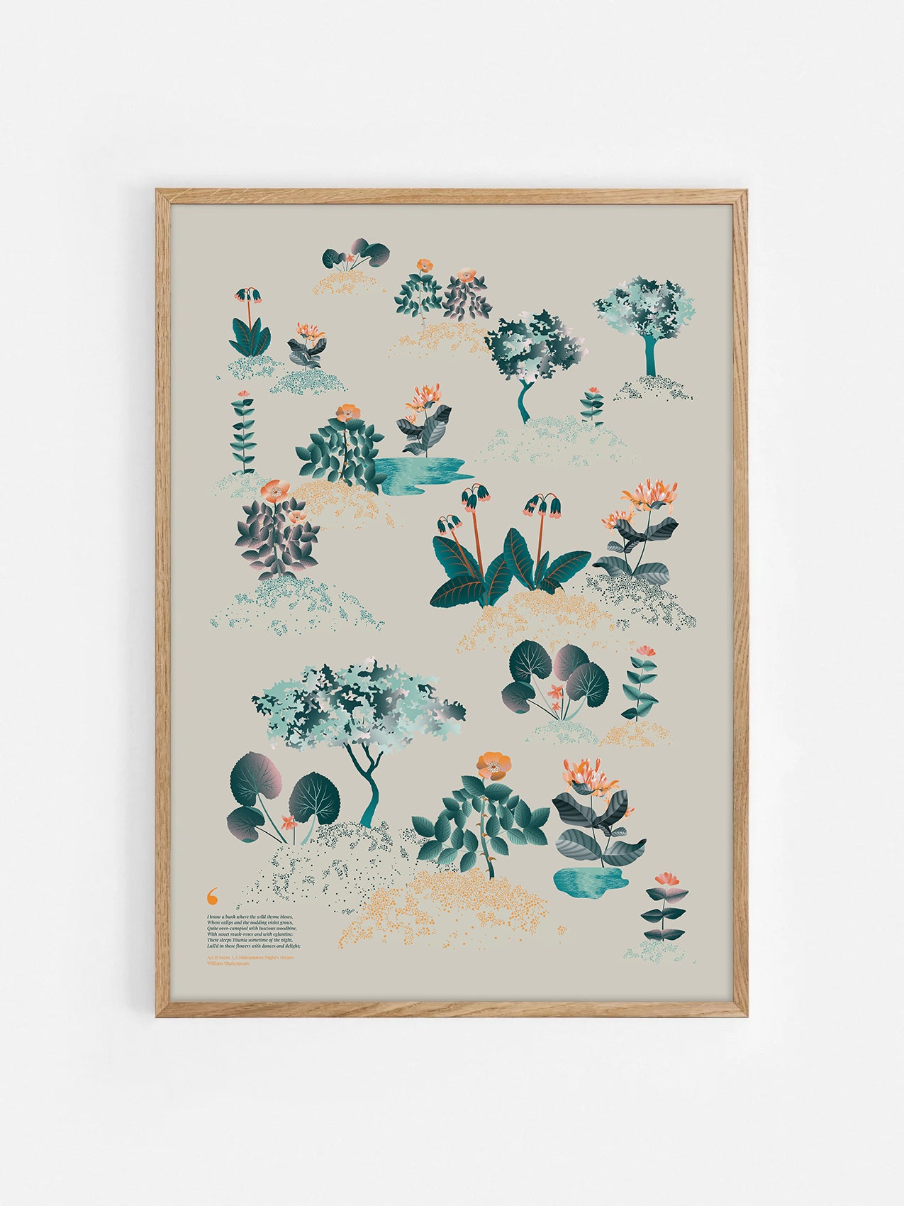 Floral art print 'Midsummer Forest' with teal, mandarin, and orange hues, inspired by Shakespeare's woodland - Oak Frame.