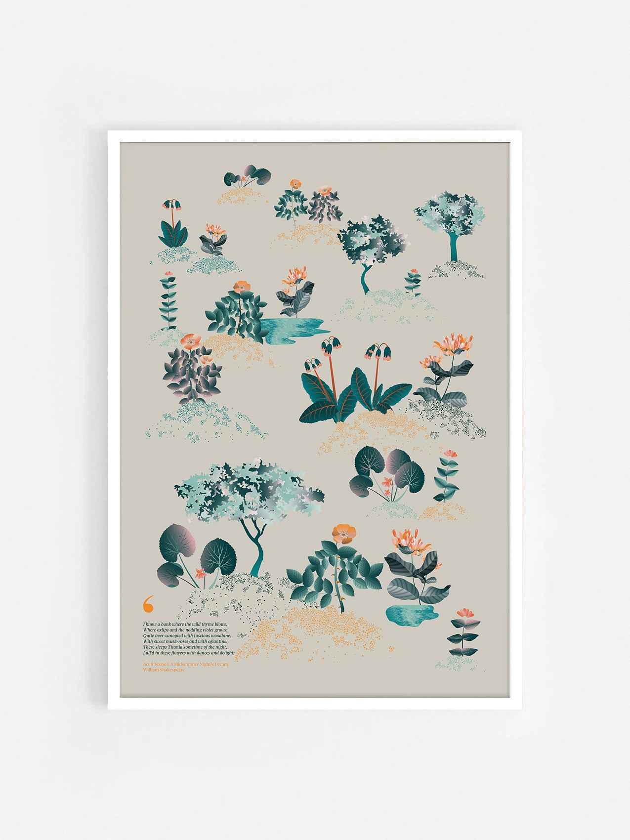 Floral art print 'Midsummer Forest' with teal, mandarin, and orange hues, inspired by Shakespeare's woodland - White Frame.