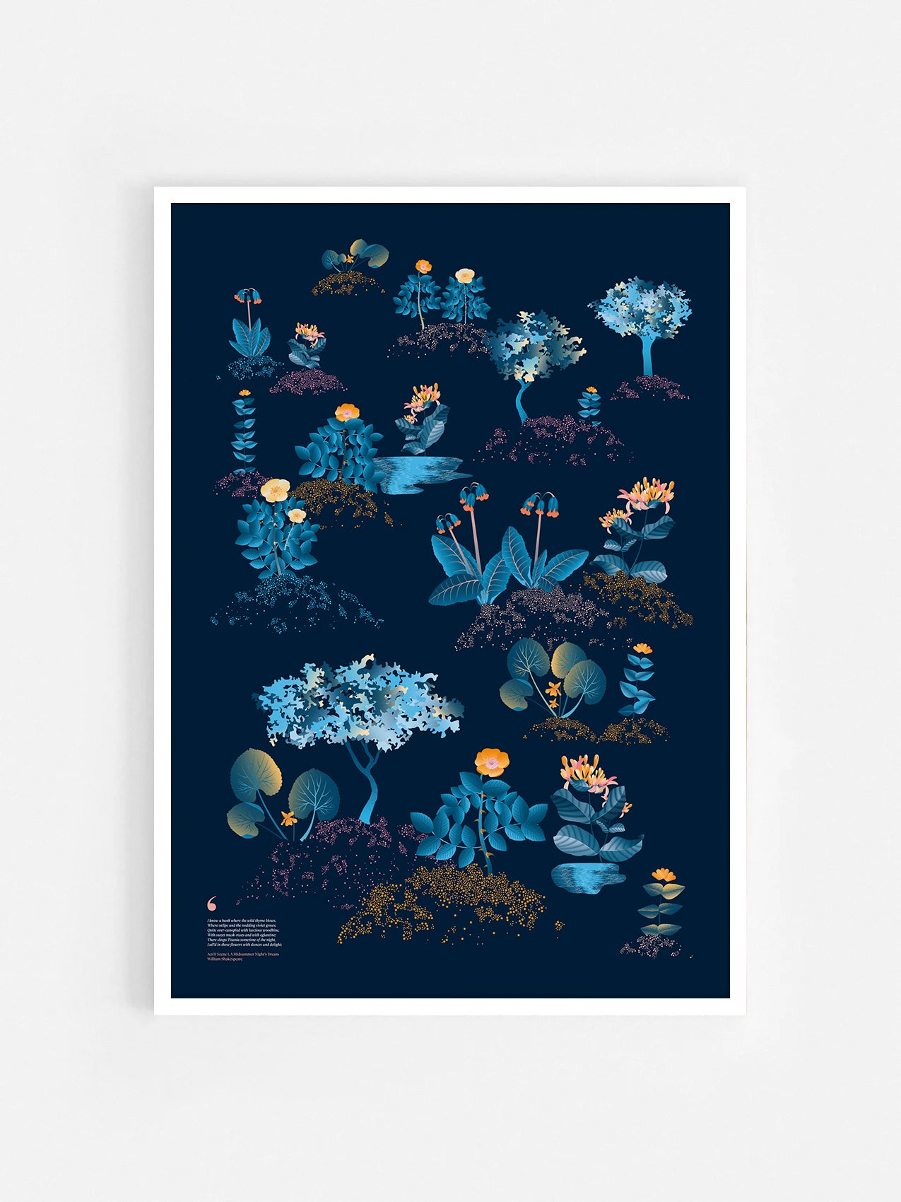 Floral art print 'Midsummer Forest' with blue, orange, and golden hues, inspired by Shakespeare's woodland - White Frame.
