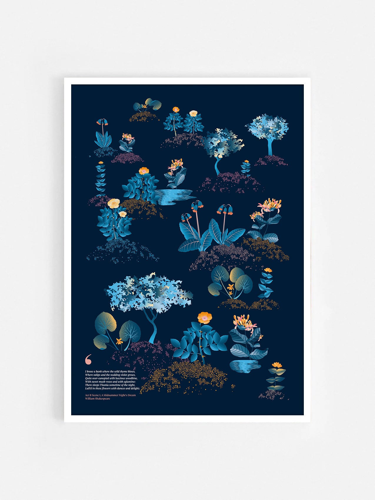 Floral art print 'Midsummer Forest' with blue, orange, and golden hues, inspired by Shakespeare's woodland - White Frame.