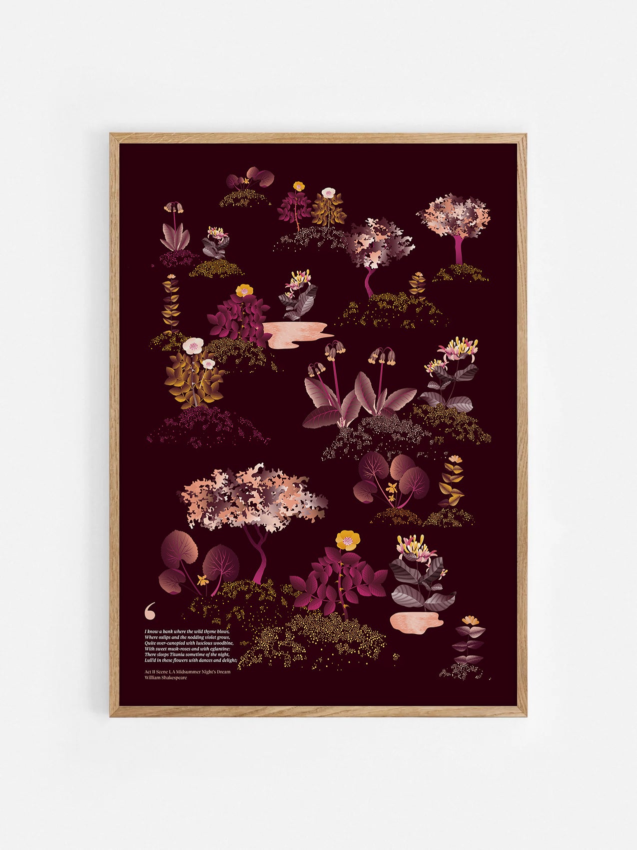 Floral art print 'Midsummer Forest' with aubergine, rose, and orange hues, inspired by Shakespeare's woodland - Oak Frame.