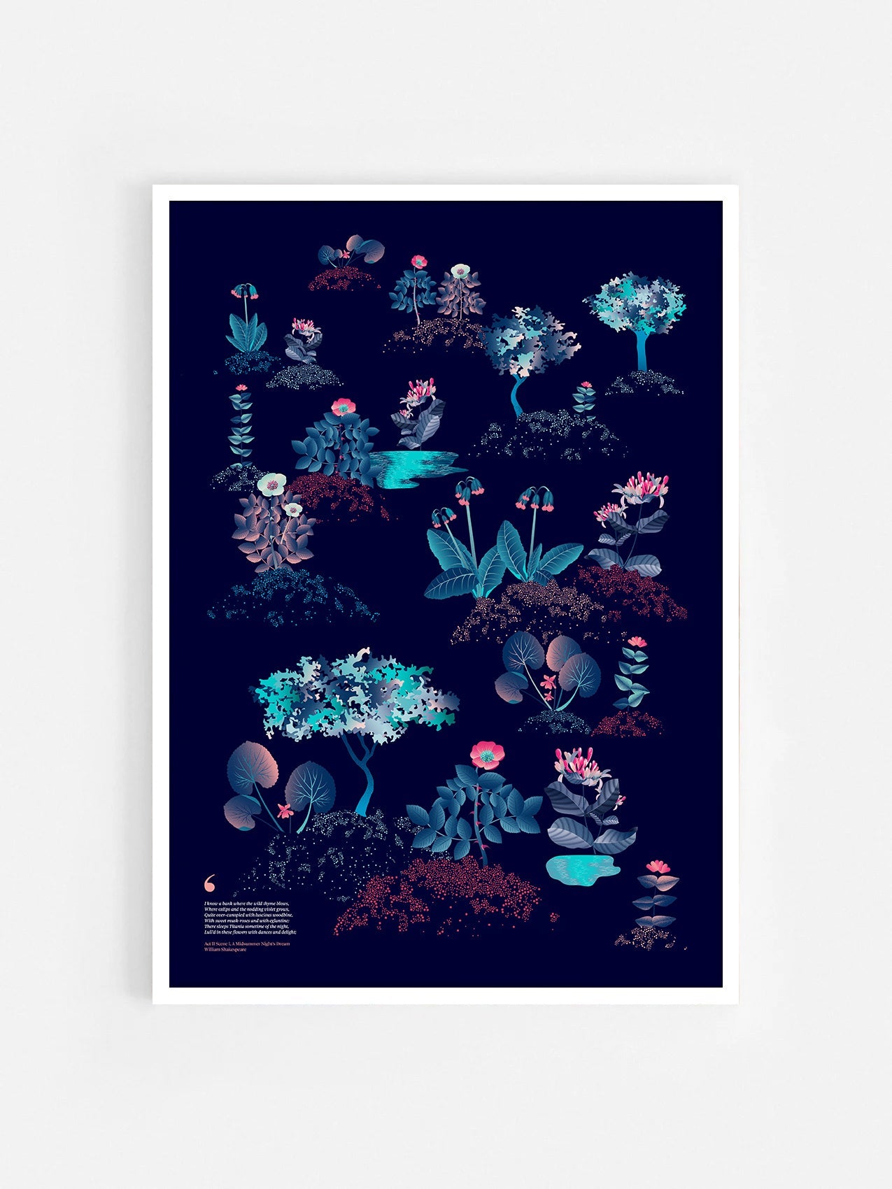 Floral art print 'Midsummer Forest' with ruby red, turquoise, and blue hues, inspired by Shakespeare's woodland - White Frame.