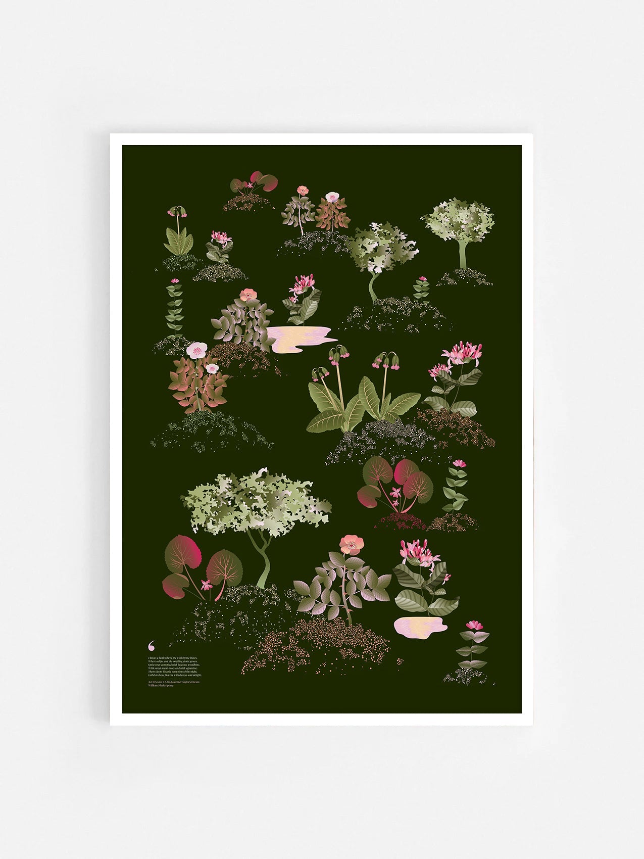 Floral art print 'Midsummer Forest' with olive, pink, and pomegranate hues, inspired by Shakespeare's woodland - White Frame.
