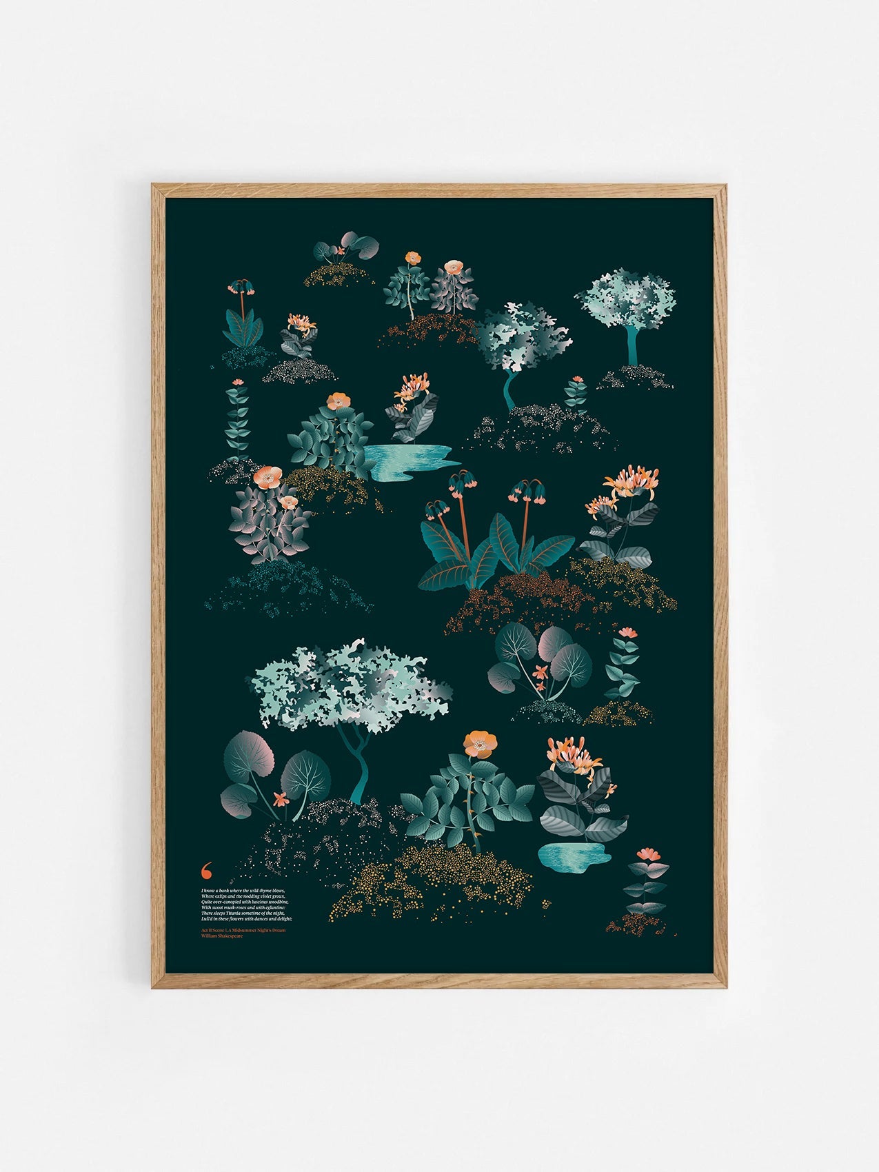 Floral art print 'Midsummer Forest' with teal, mandarin, and orange hues, inspired by Shakespeare's woodland - Oak Frame.