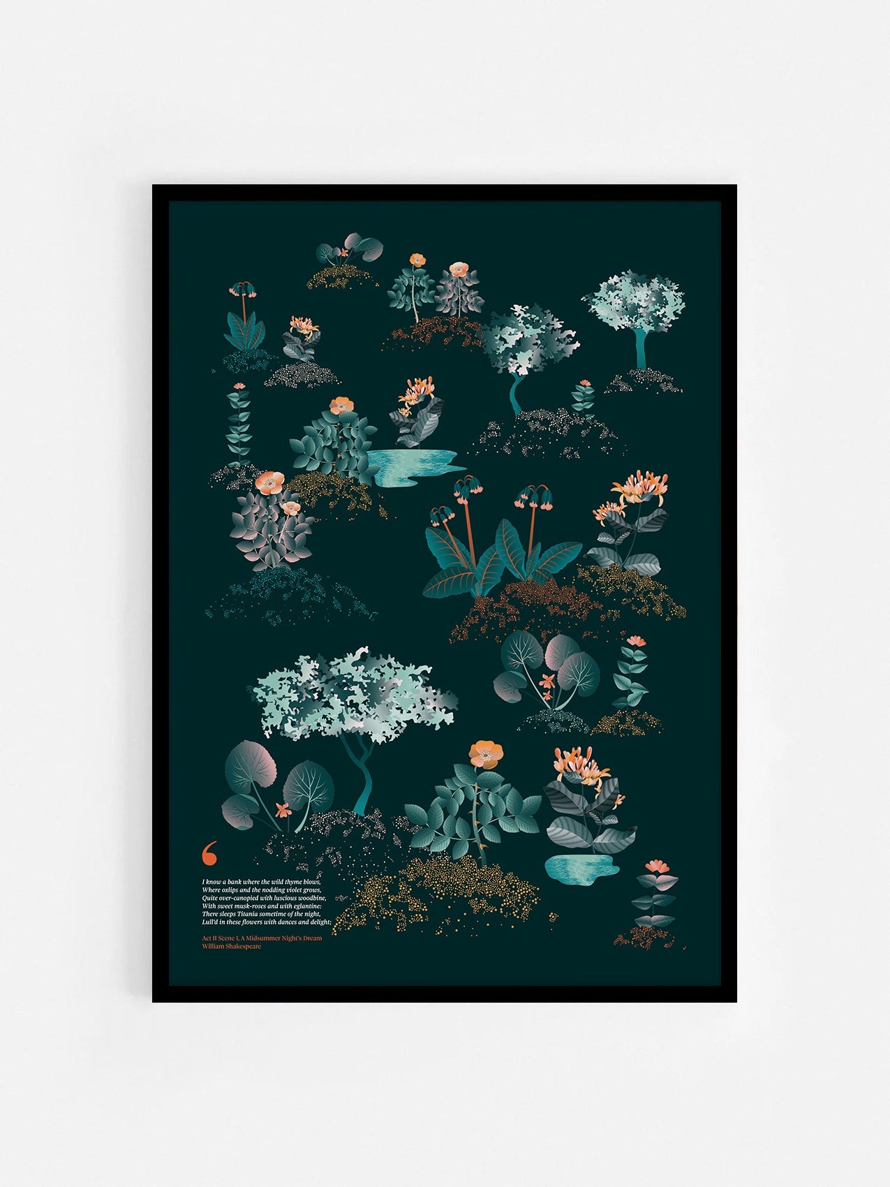 Floral art print 'Midsummer Forest' with teal, mandarin, and orange hues, inspired by Shakespeare's woodland - Black Frame.