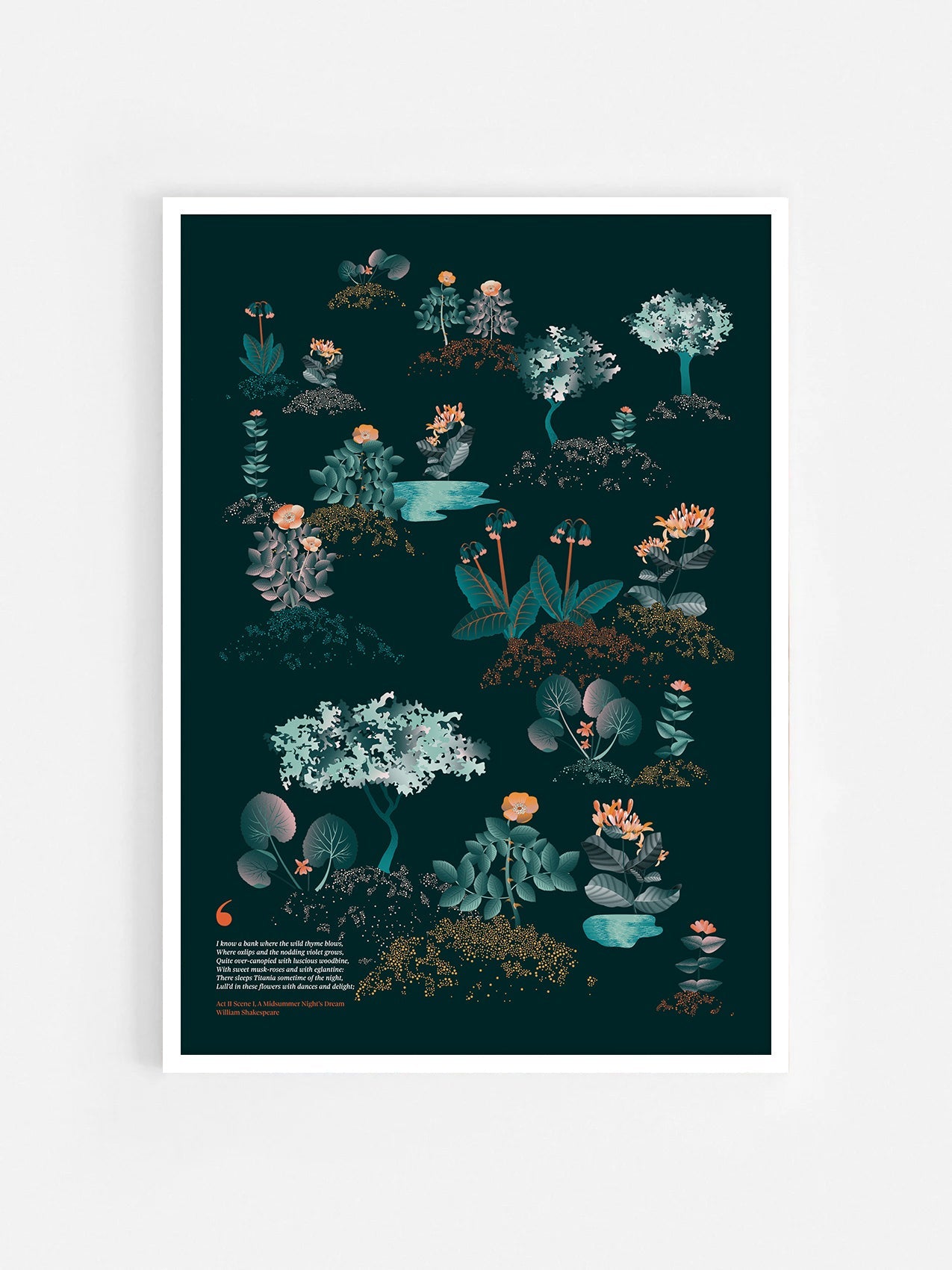 Floral art print 'Midsummer Forest' with teal, mandarin, and orange hues, inspired by Shakespeare's woodland - White Frame.