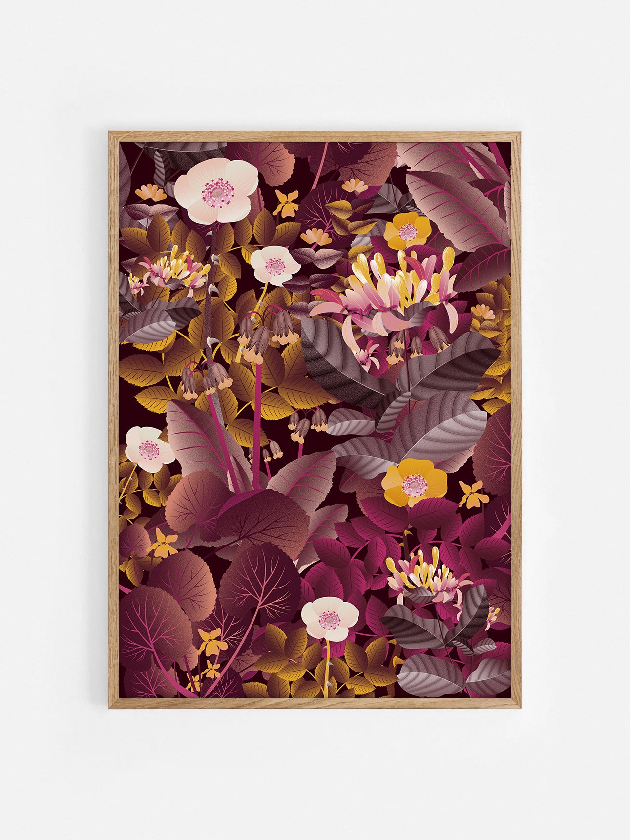 Floral art print 'Flower Fields' with aubergine, rose, and orange hues, inspired by Shakespeare's enchanted forest - Oak Frame.