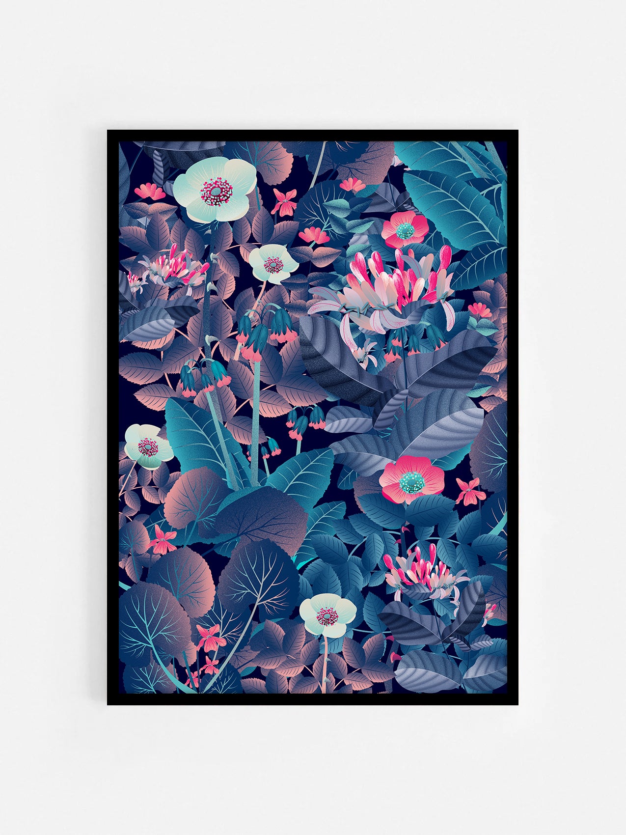 Floral art print 'Flower Fields' with ruby red, turquoise, and vibrant blue hues, inspired by Shakespeare's enchanted forest - Black Frame.