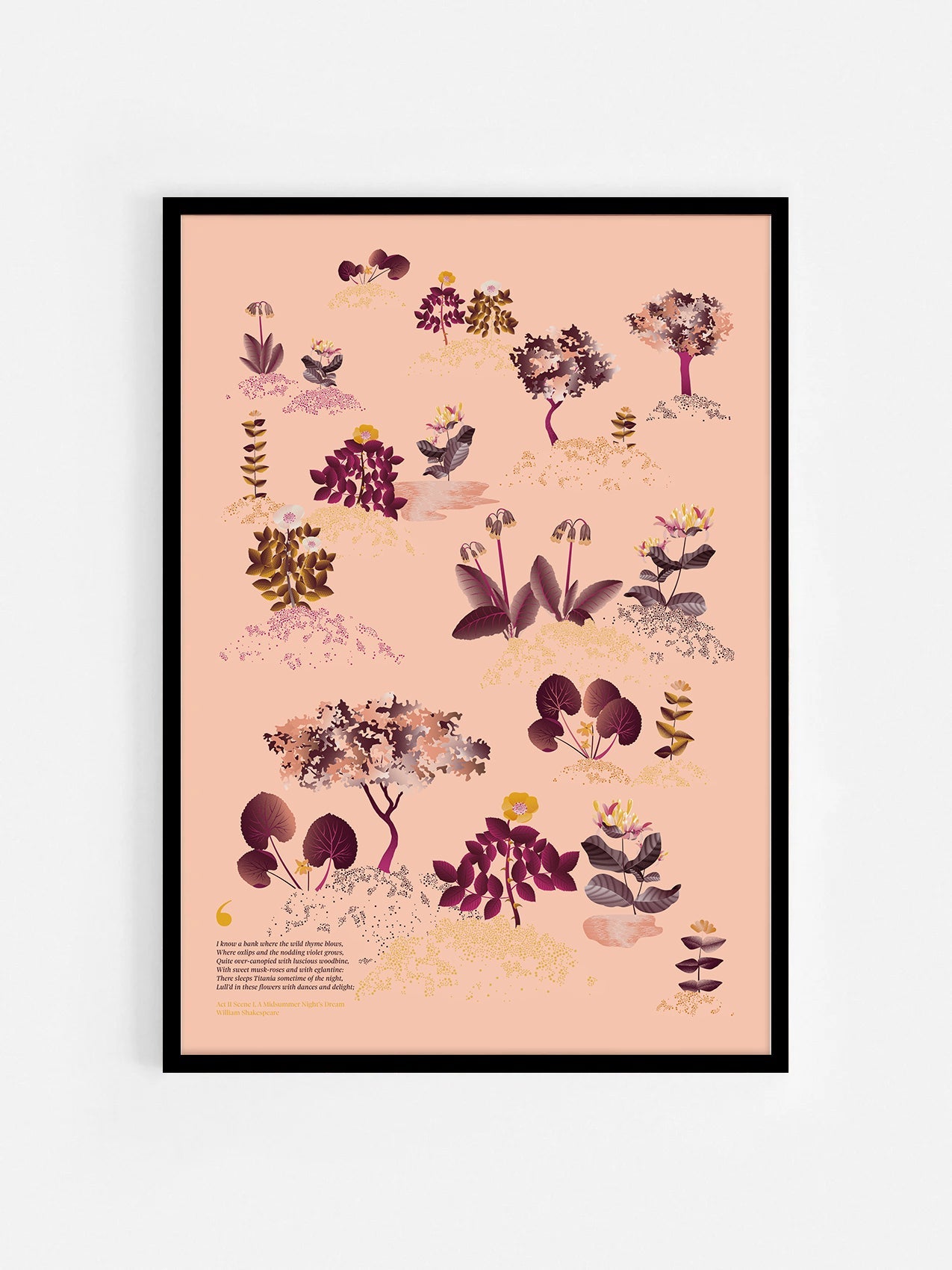 Floral art print 'Midsummer Forest' with aubergine, rose, and orange hues, inspired by Shakespeare's woodland - Black Frame.