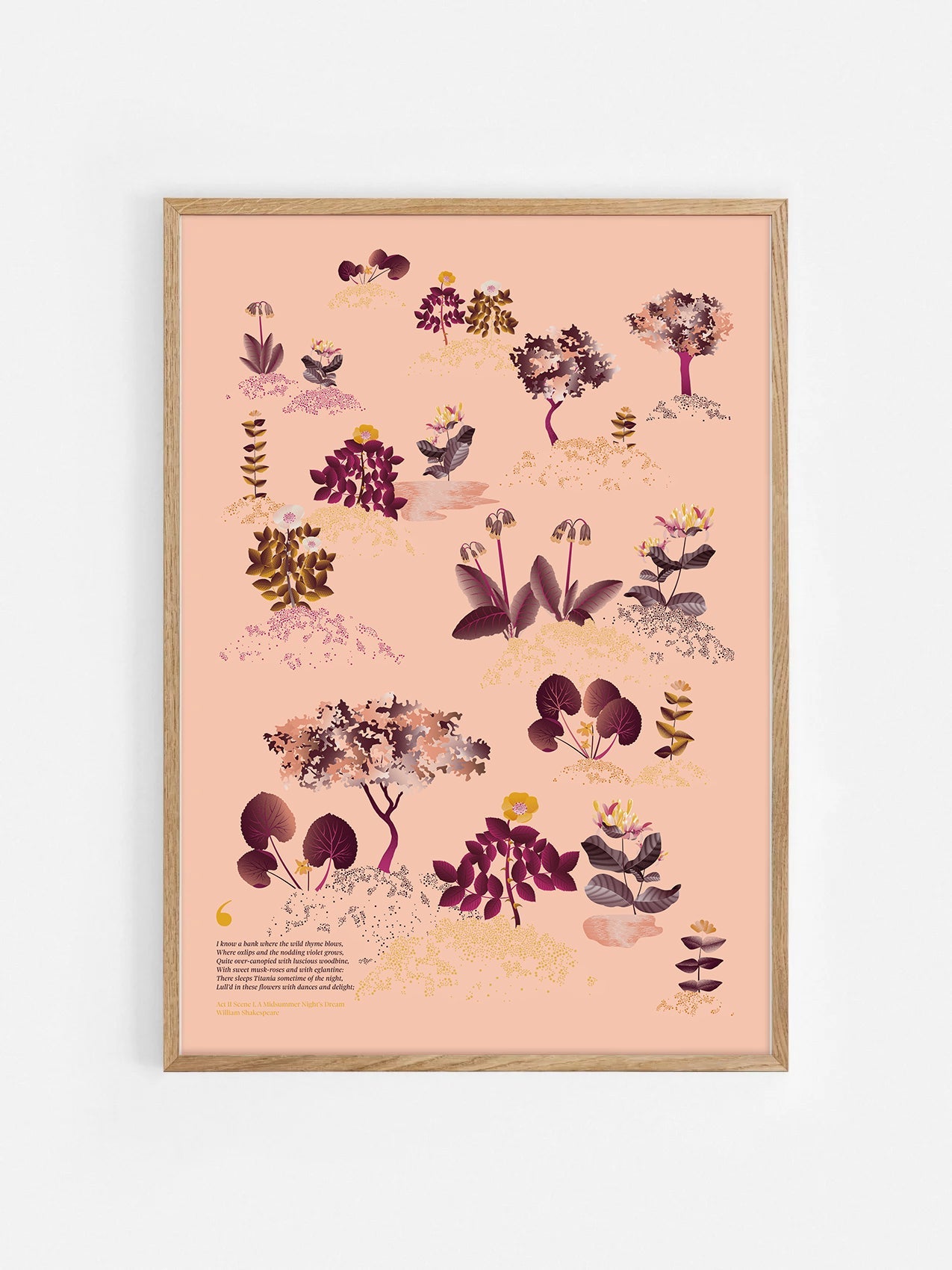 Floral art print 'Midsummer Forest' with aubergine, rose, and orange hues, inspired by Shakespeare's woodland - Oak Frame.