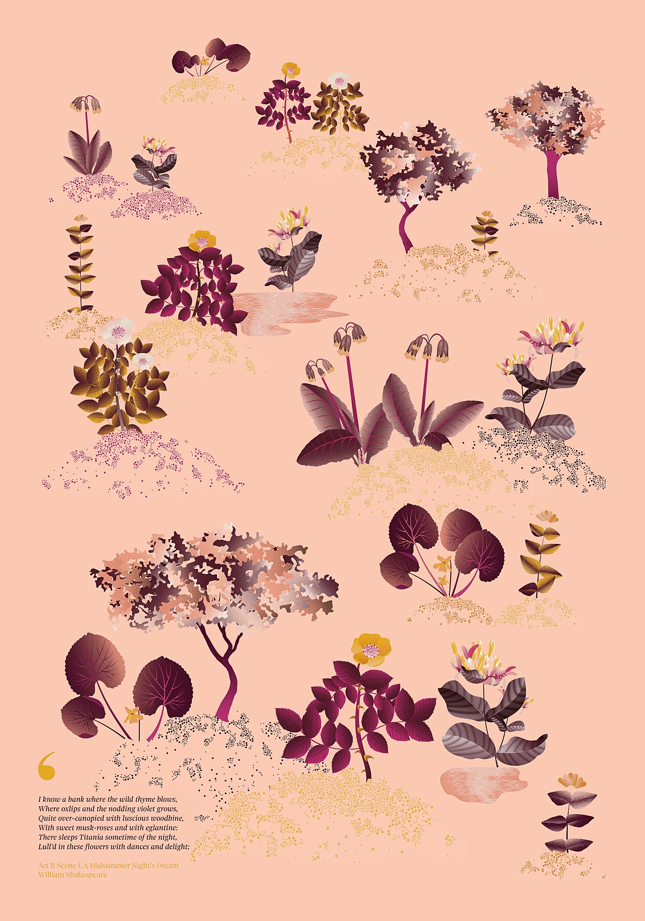Floral art print 'Midsummer Forest' with aubergine, rose, and orange hues, inspired by Shakespeare's woodland - Print Only.