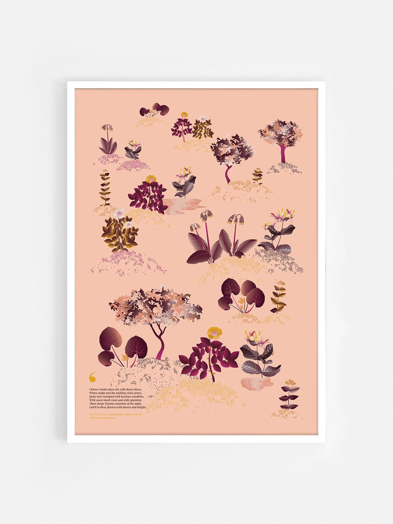 Floral art print 'Midsummer Forest' with aubergine, rose, and orange hues, inspired by Shakespeare's woodland - White Frame.