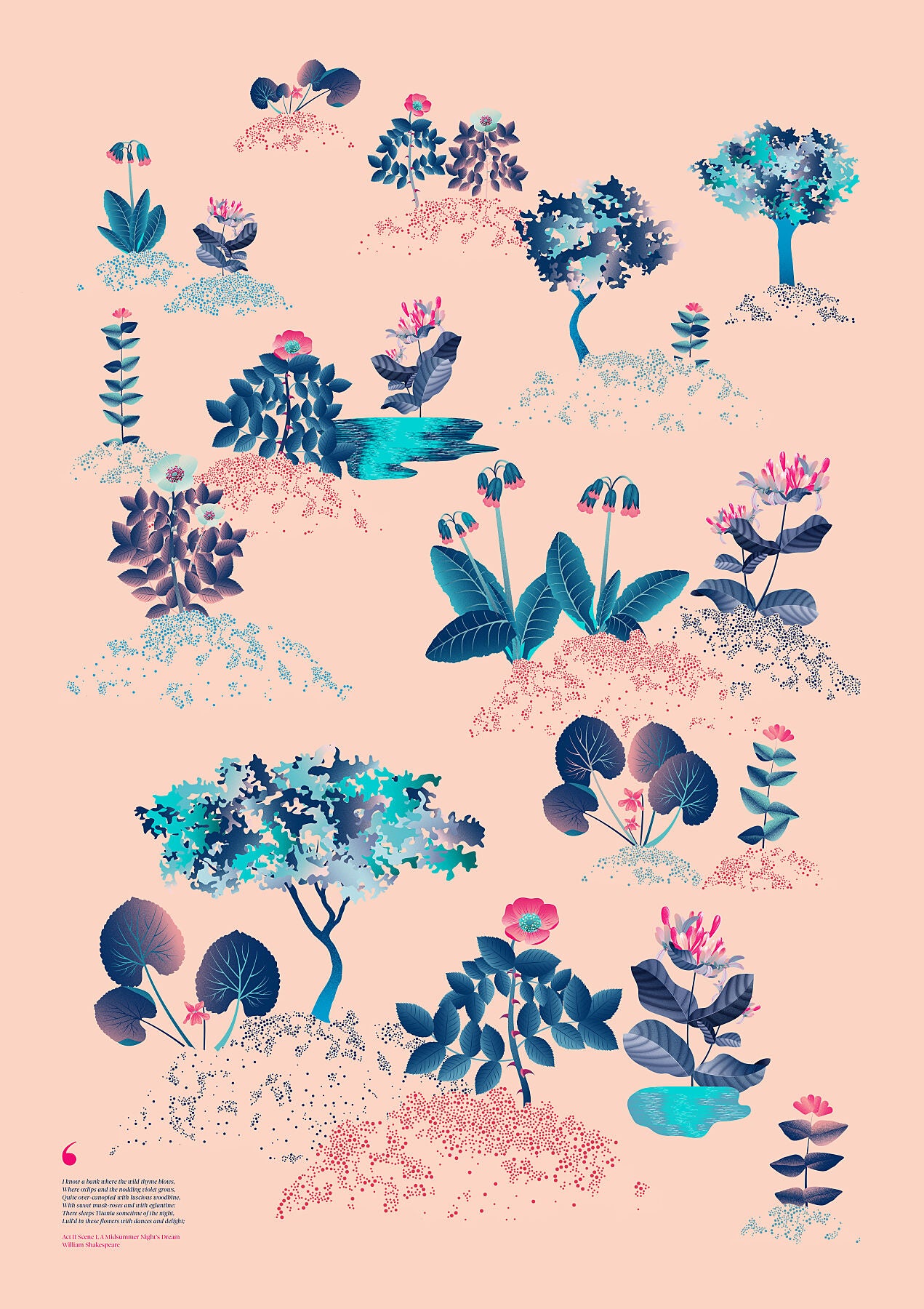 Floral art print 'Midsummer Forest' with ruby red, turquoise, and blue hues, inspired by Shakespeare's woodland - Print Only.