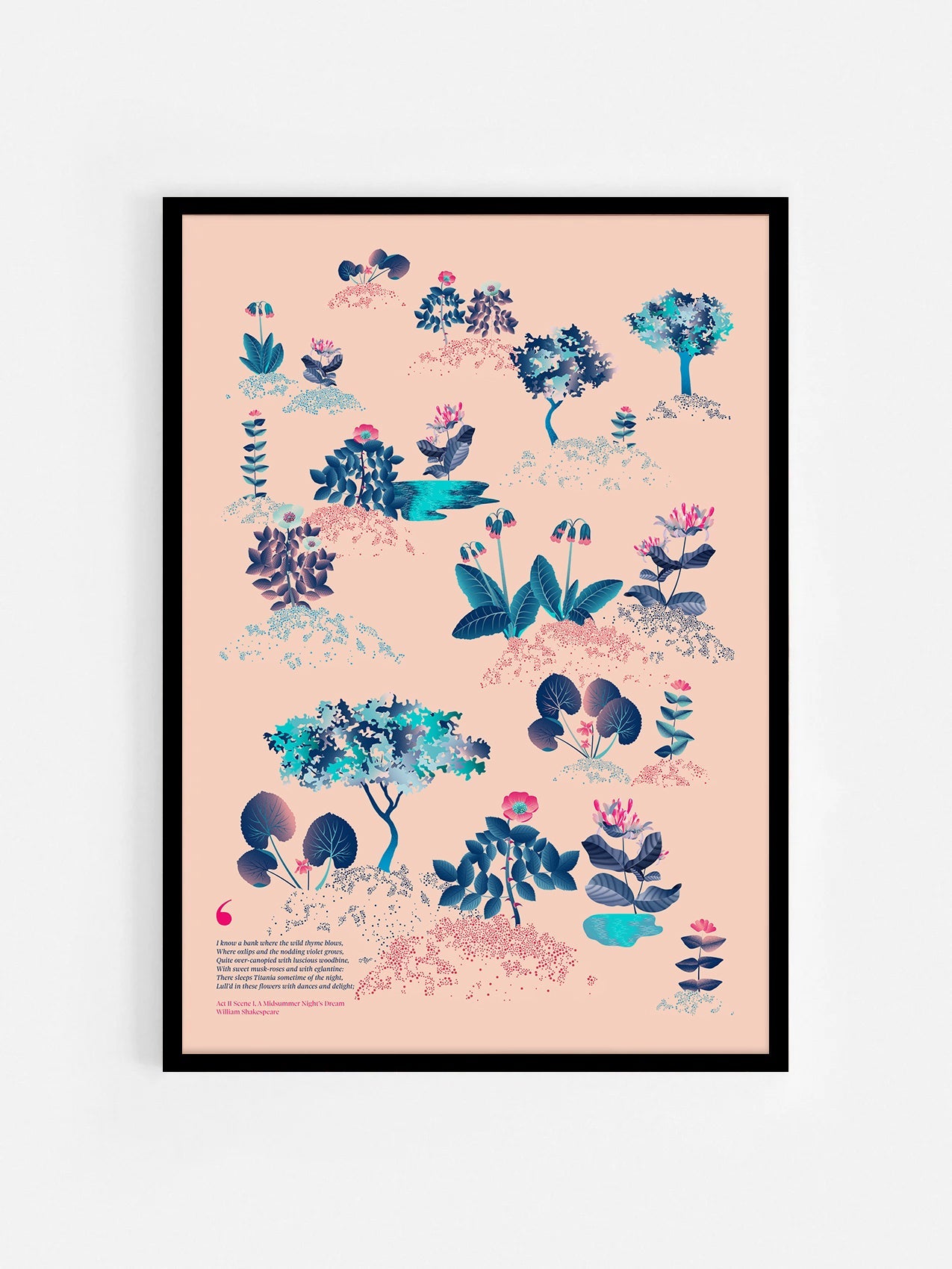 Floral art print 'Midsummer Forest' with ruby red, turquoise, and blue hues, inspired by Shakespeare's woodland - Black Frame.
