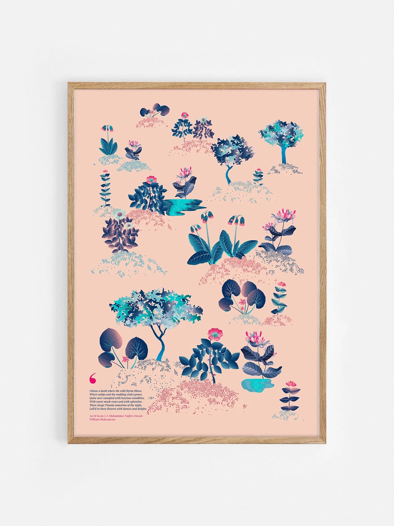 Floral art print 'Midsummer Forest' with ruby red, turquoise, and blue hues, inspired by Shakespeare's woodland - Oak Frame.