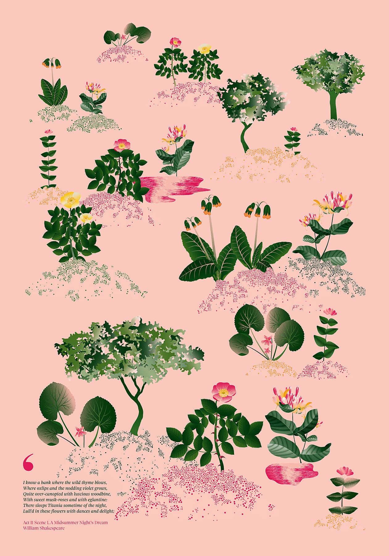 Floral art print 'Midsummer Forest' with forest green, saffron, and magenta hues, inspired by Shakespeare's woodland - Print Only.