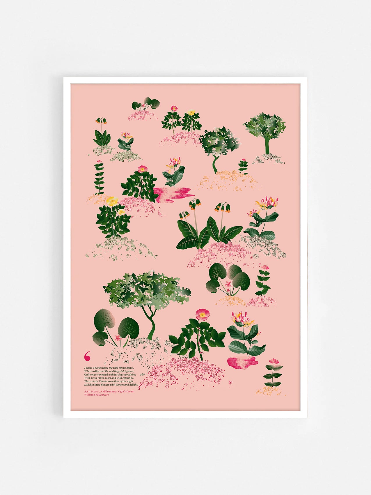 Floral art print 'Midsummer Forest' with forest green, saffron, and magenta hues, inspired by Shakespeare's woodland - White Frame.