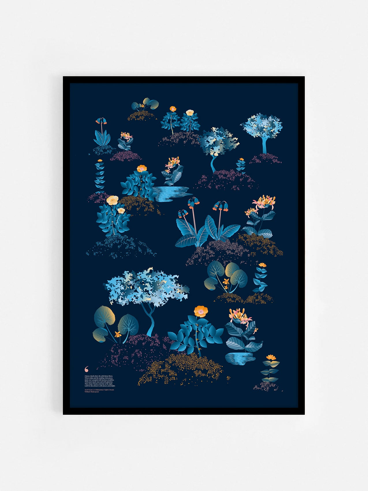 Floral art print 'Midsummer Forest' with blue, orange, and golden hues, inspired by Shakespeare's woodland - Black Frame.