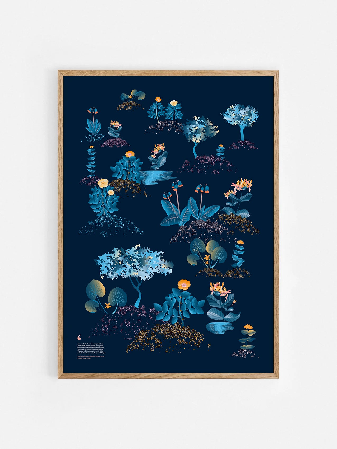 Floral art print 'Midsummer Forest' with blue, orange, and golden hues, inspired by Shakespeare's woodland - Oak Frame.