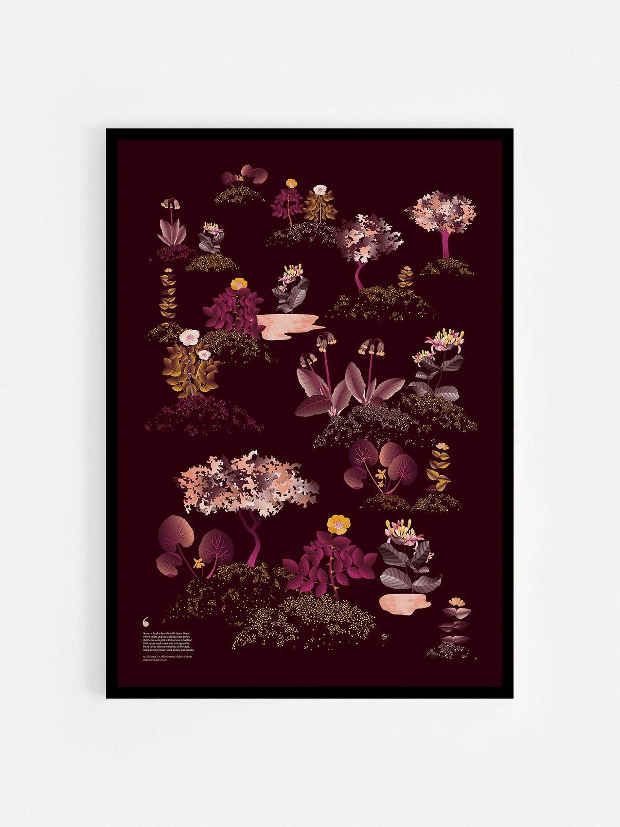 Floral art print 'Midsummer Forest' with aubergine, rose, and orange hues, inspired by Shakespeare's woodland - Black Frame.