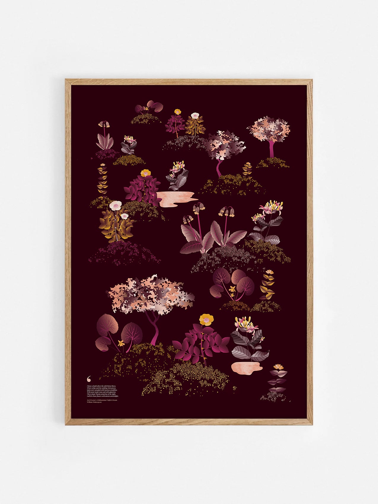 Floral art print 'Midsummer Forest' with aubergine, rose, and orange hues, inspired by Shakespeare's woodland - Oak Frame.
