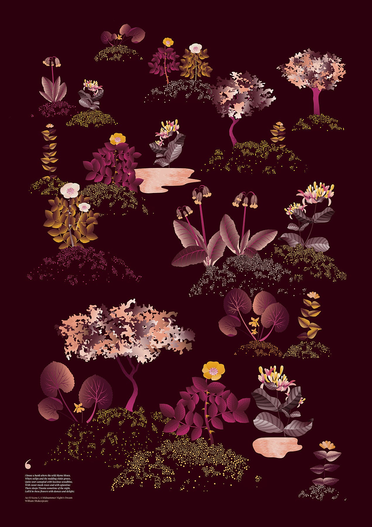 Floral art print 'Midsummer Forest' with aubergine, rose, and orange hues, inspired by Shakespeare's woodland - Print Only.