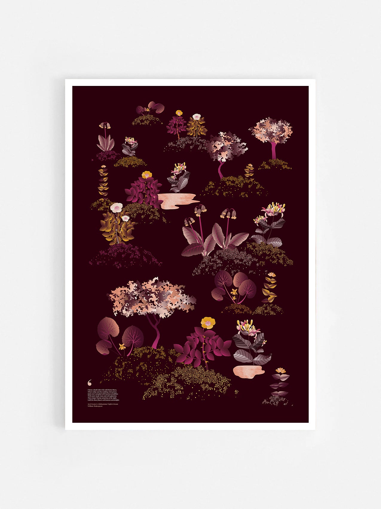 Floral art print 'Midsummer Forest' with aubergine, rose, and orange hues, inspired by Shakespeare's woodland - White Frame.