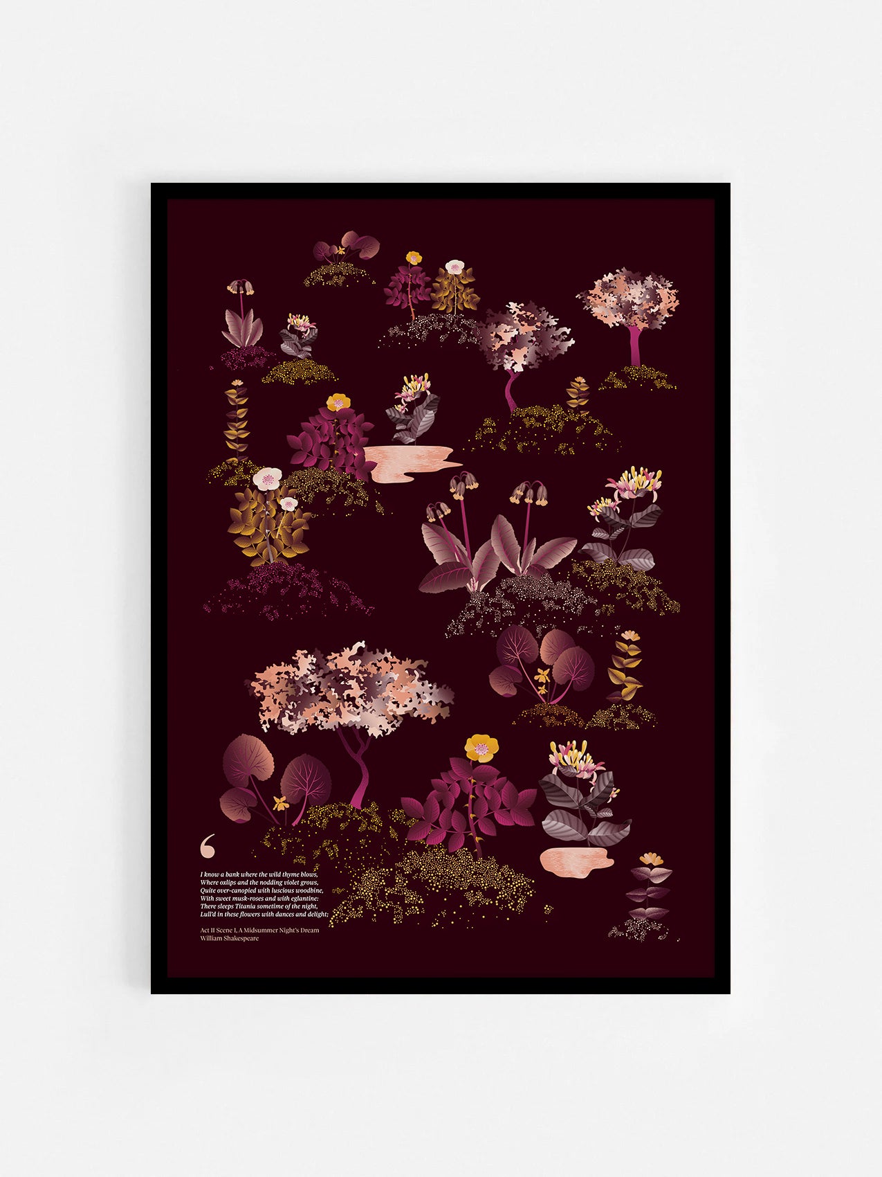 Floral art print 'Midsummer Forest' with aubergine, rose, and orange hues, inspired by Shakespeare's woodland - Black Frame.