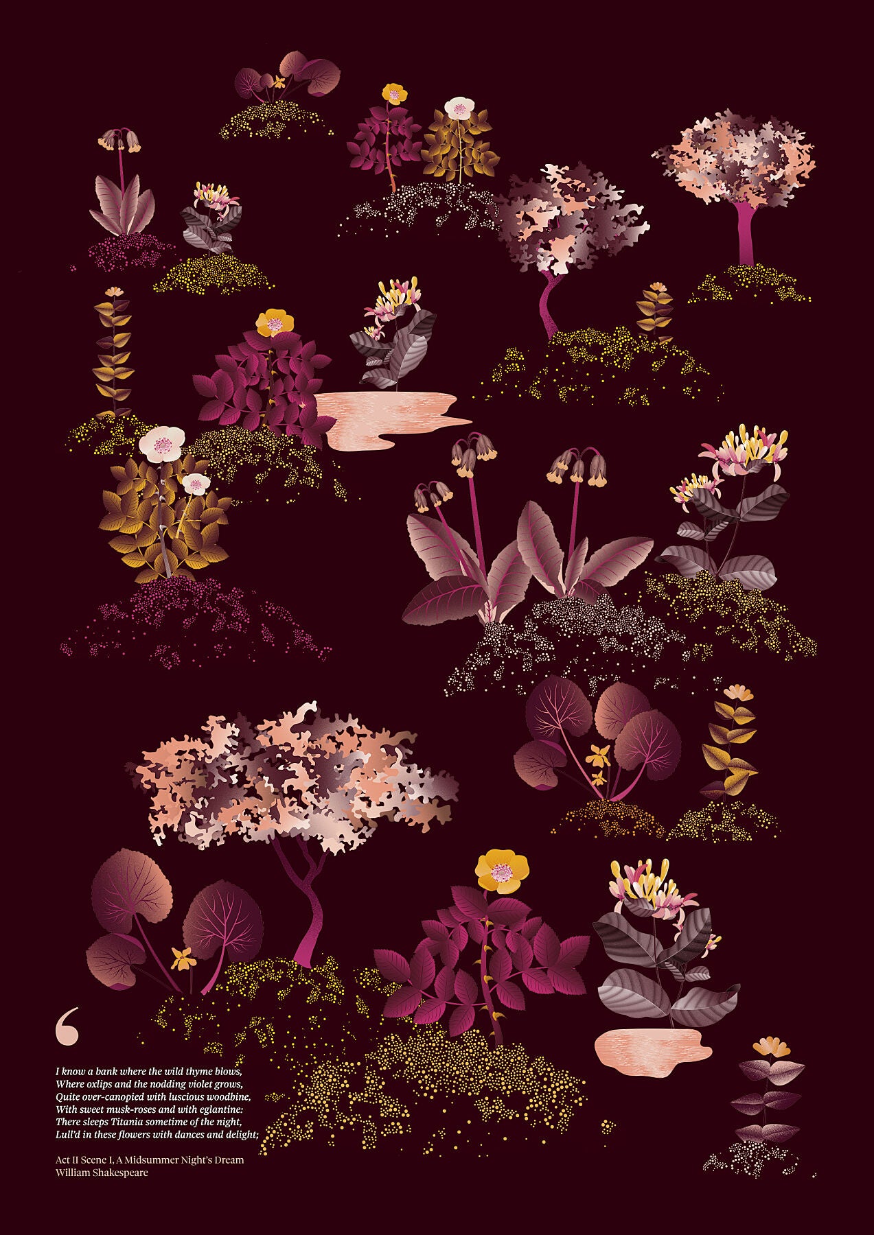 Floral art print 'Midsummer Forest' with aubergine, rose, and orange hues, inspired by Shakespeare's woodland - Print Only.