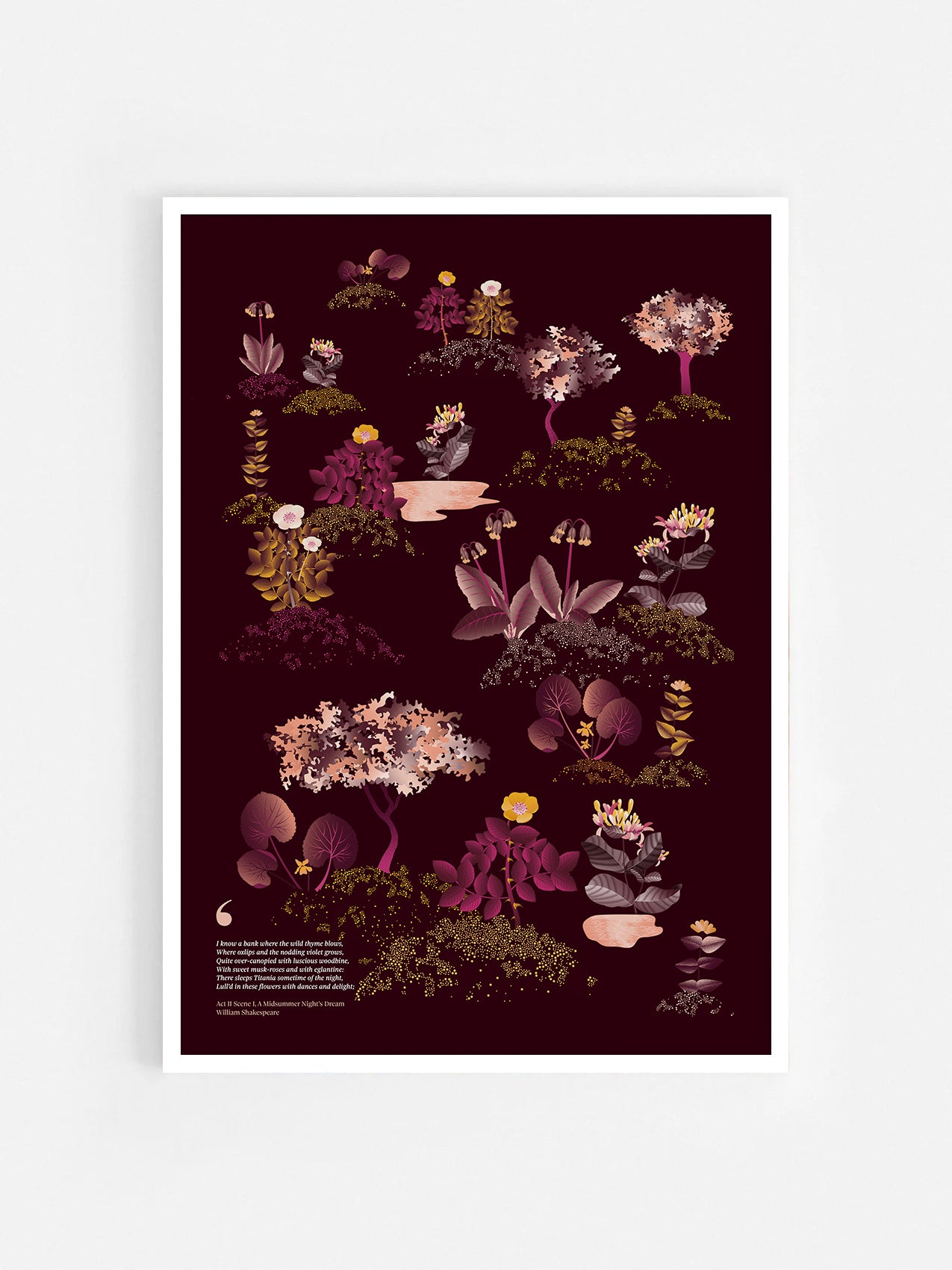 Floral art print 'Midsummer Forest' with aubergine, rose, and orange hues, inspired by Shakespeare's woodland - White Frame.
