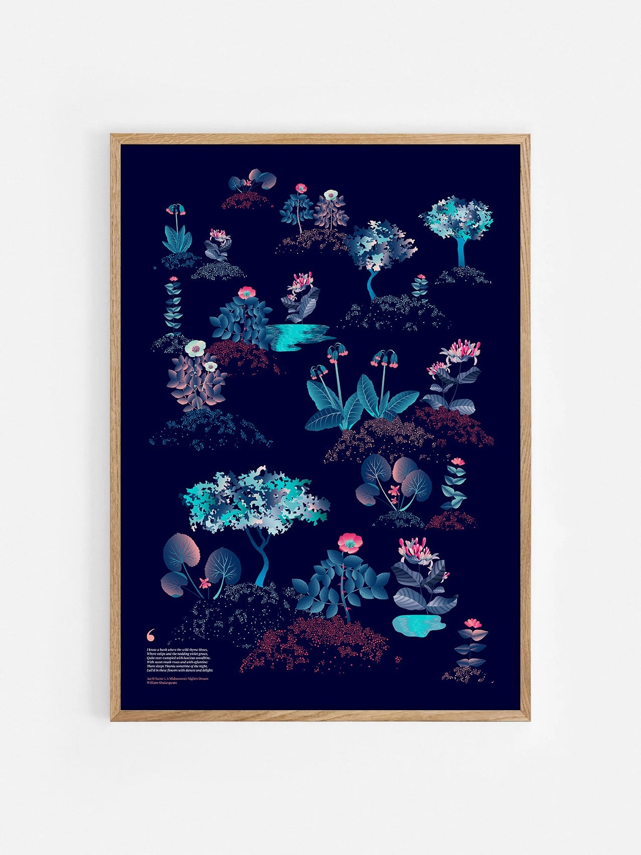 Floral art print 'Midsummer Forest' with ruby red, turquoise, and blue hues, inspired by Shakespeare's woodland - Oak Frame.