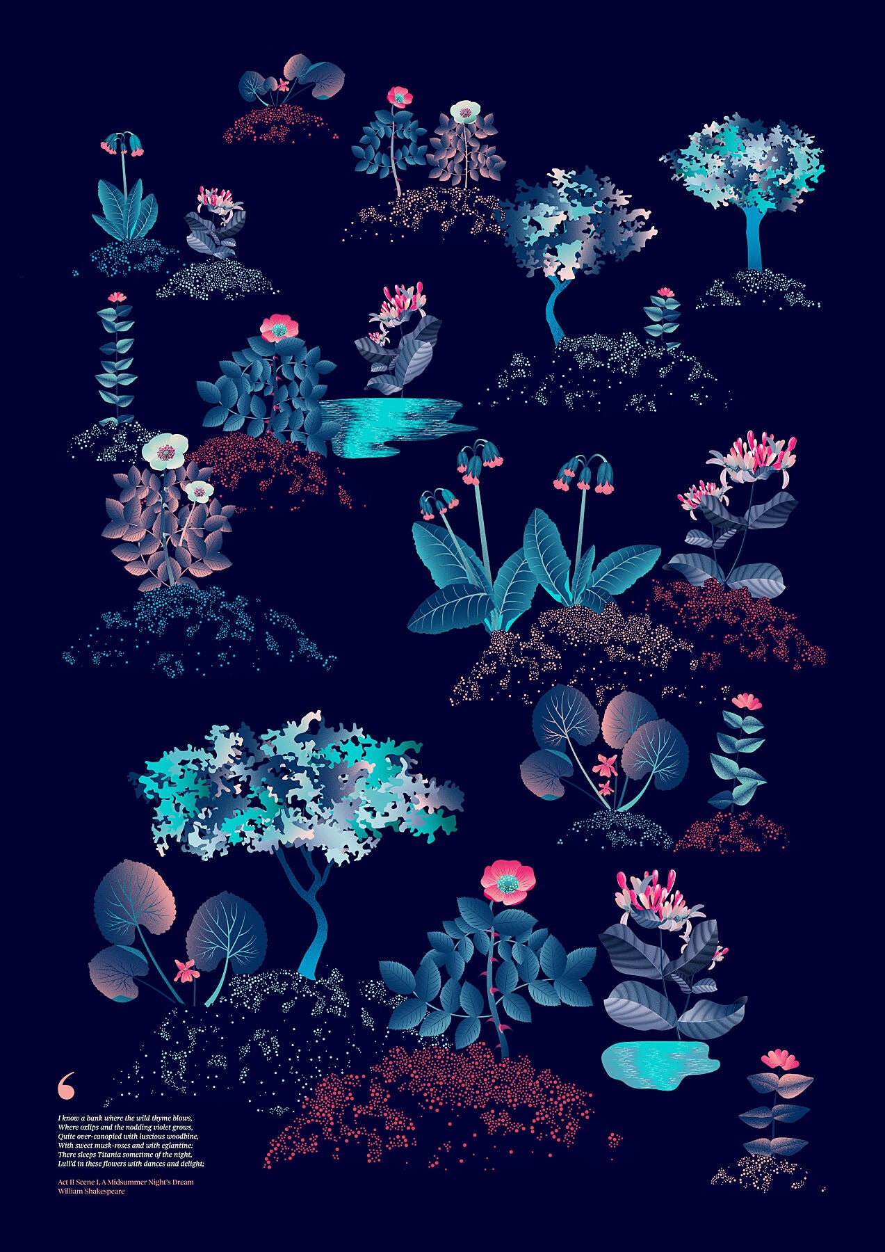 Floral art print 'Midsummer Forest' with ruby red, turquoise, and blue hues, inspired by Shakespeare's woodland - Print Only.