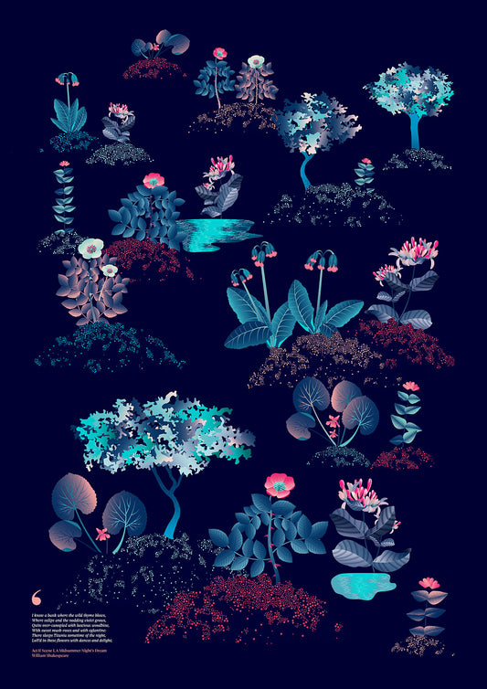 Floral art print 'Midsummer Forest' with ruby red, turquoise, and blue hues, inspired by Shakespeare's woodland - Print Only.