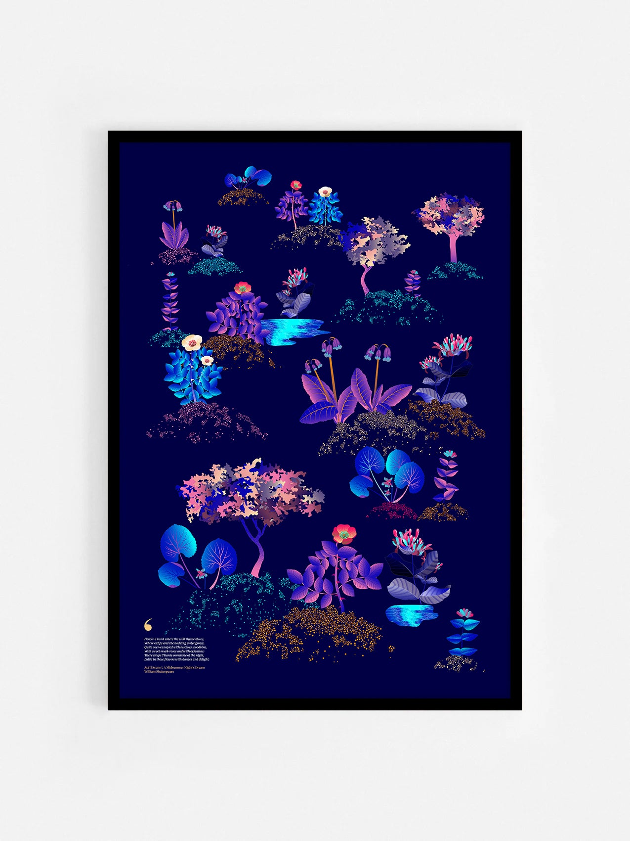 Floral art print 'Midsummer Forest' with electric blue, day-glow, and buttercup hues, inspired by Shakespeare's woodland - Black Frame.